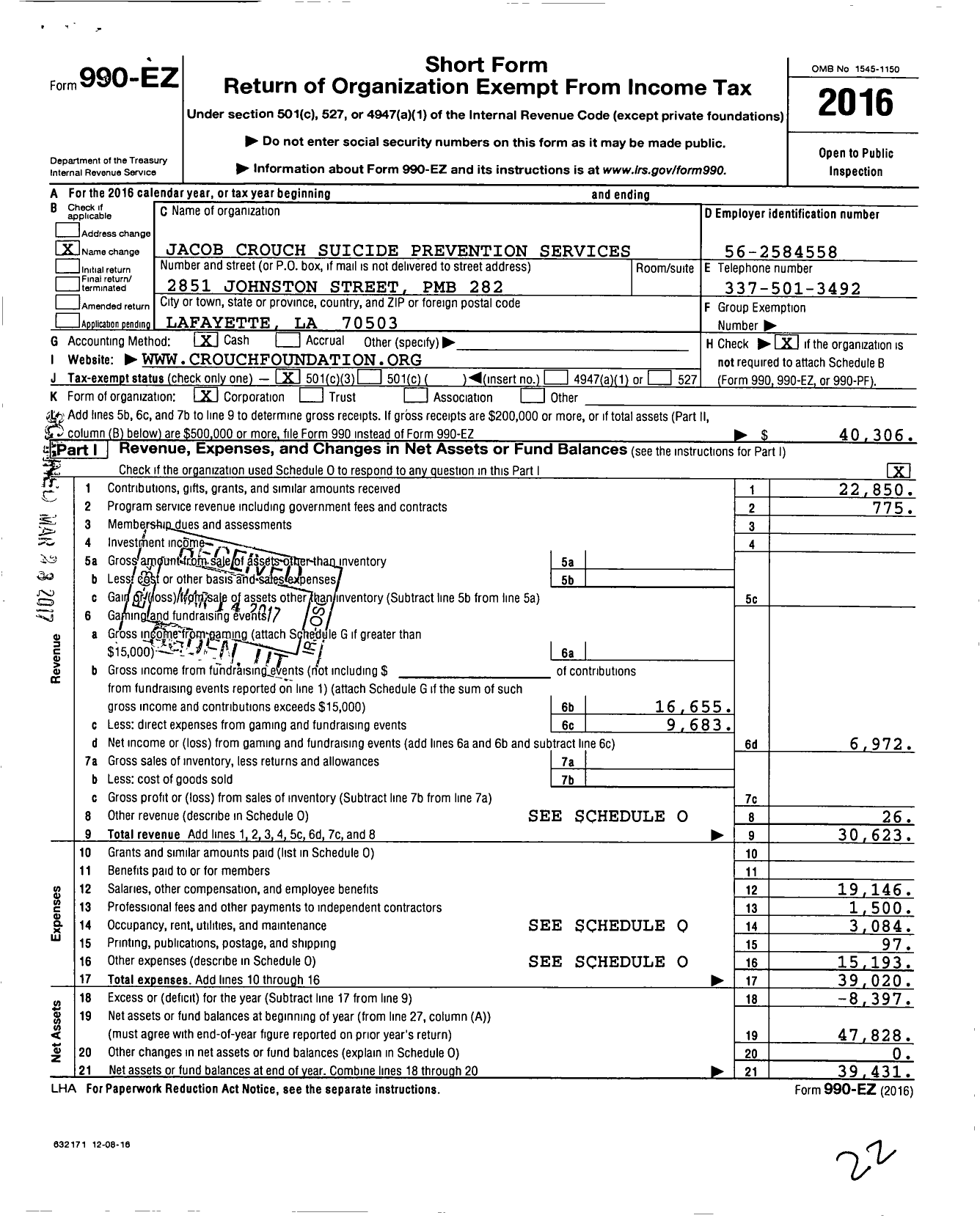 Image of first page of 2016 Form 990EZ for Jacob Crouch Suicide Prevention Services