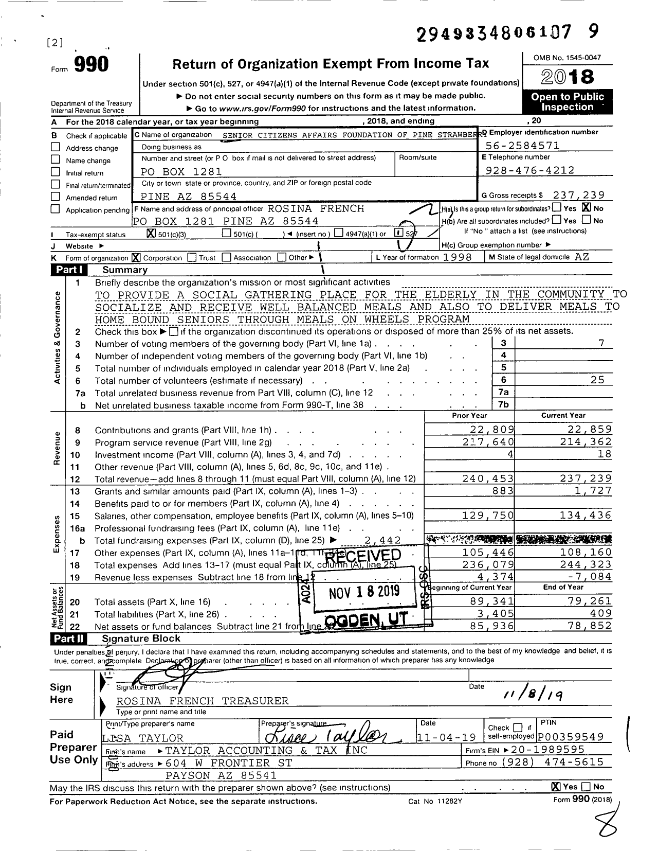 Image of first page of 2018 Form 990 for Senior Citizens Affairs Foundation of Pine Strawberry