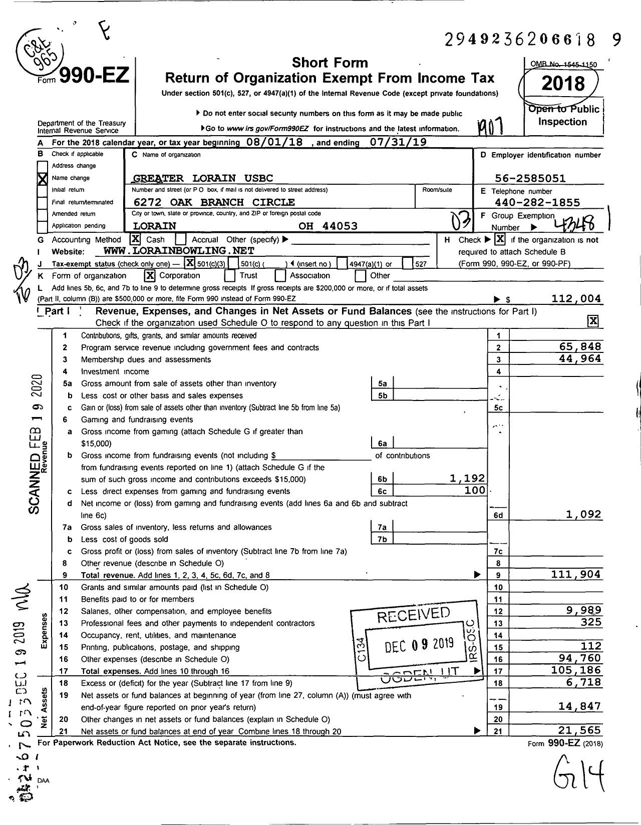 Image of first page of 2018 Form 990EZ for United States Bowling Congress - 86812 GR Lorain Usbc