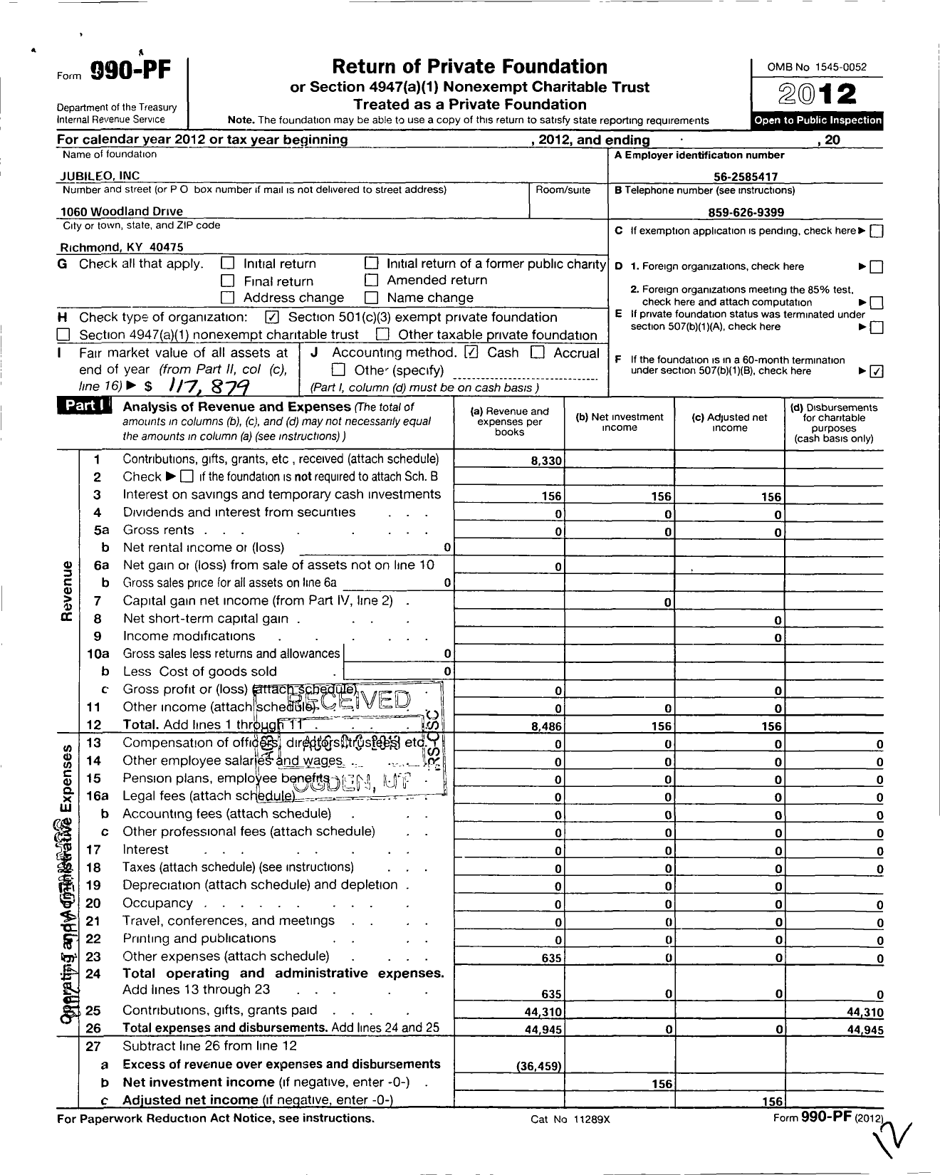 Image of first page of 2012 Form 990PF for Jubileo