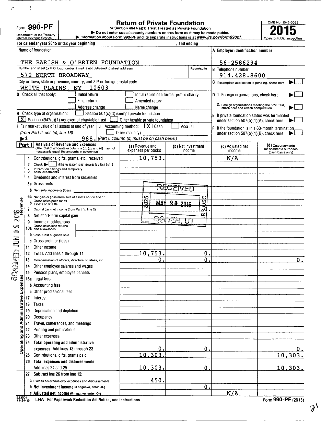Image of first page of 2015 Form 990PF for The Barish and O'Brien Foundation