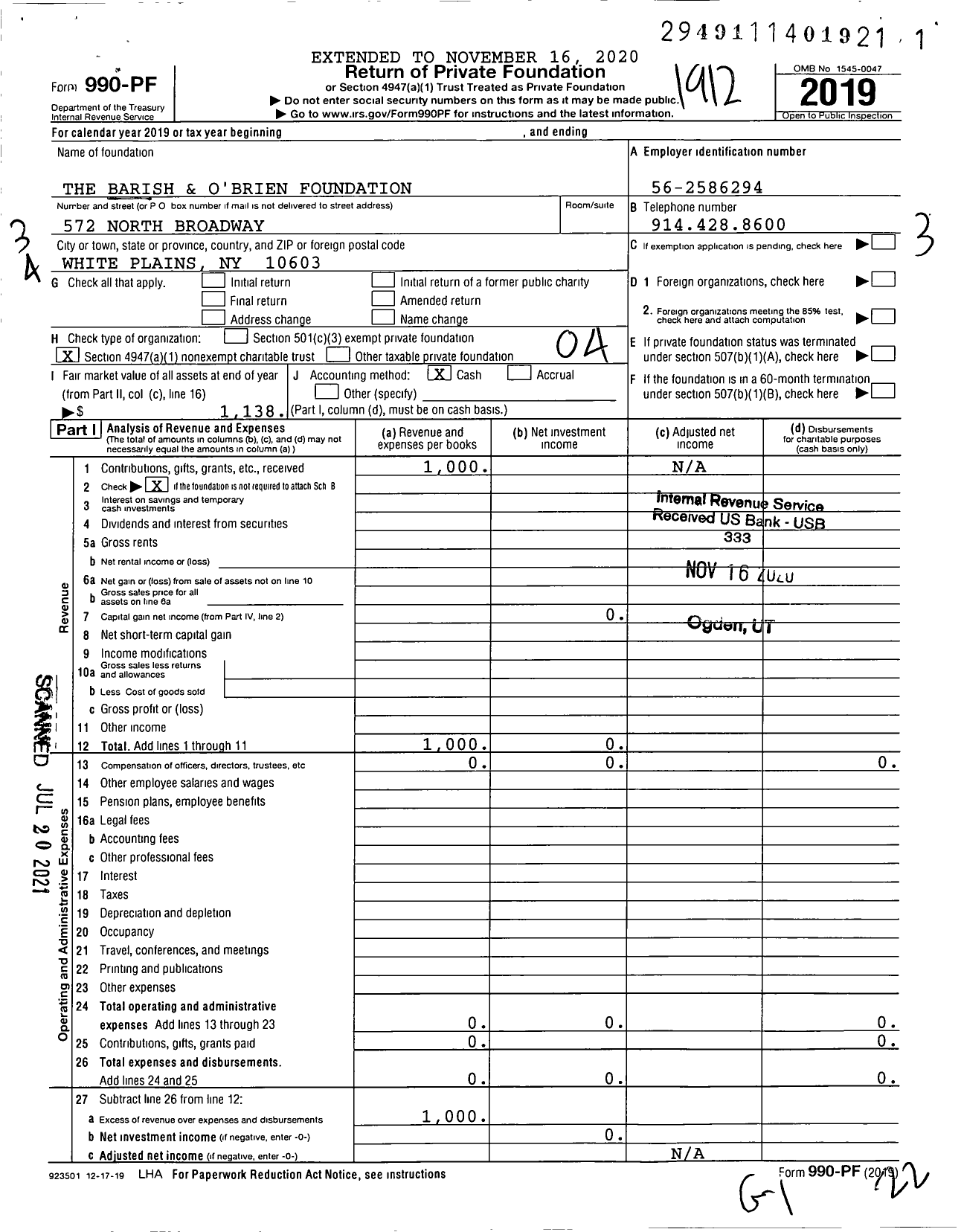 Image of first page of 2019 Form 990PF for The Barish and O'Brien Foundation