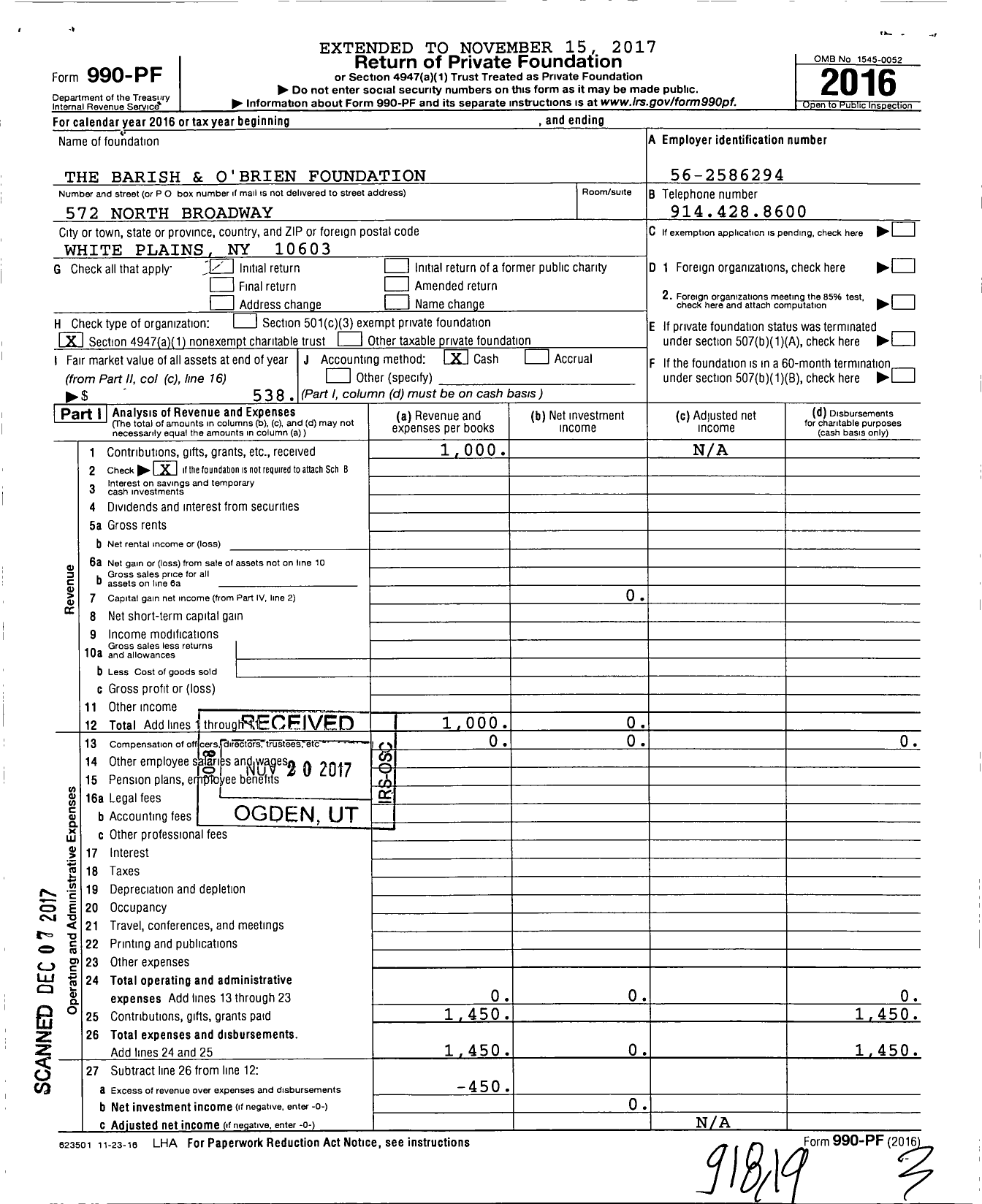 Image of first page of 2016 Form 990PF for The Barish and O'Brien Foundation