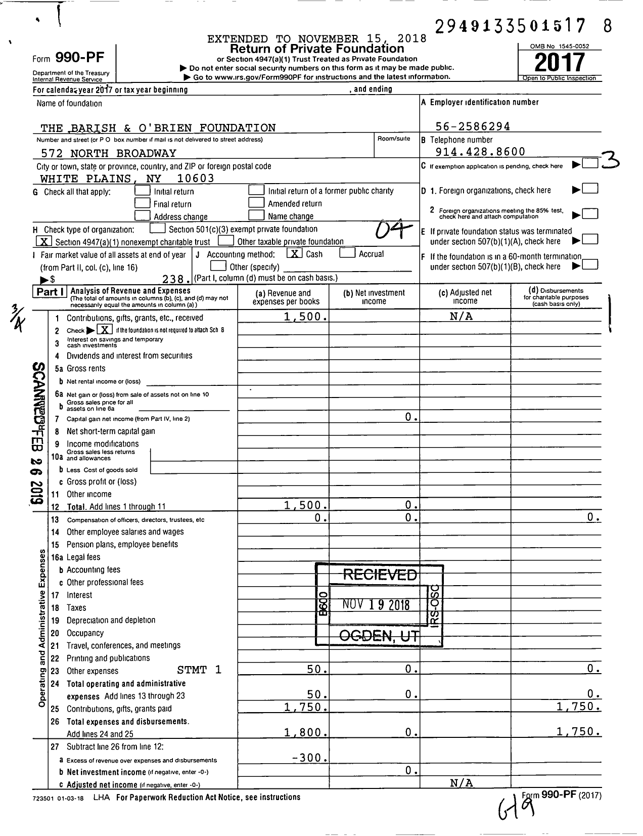 Image of first page of 2017 Form 990PF for The Barish and O'Brien Foundation
