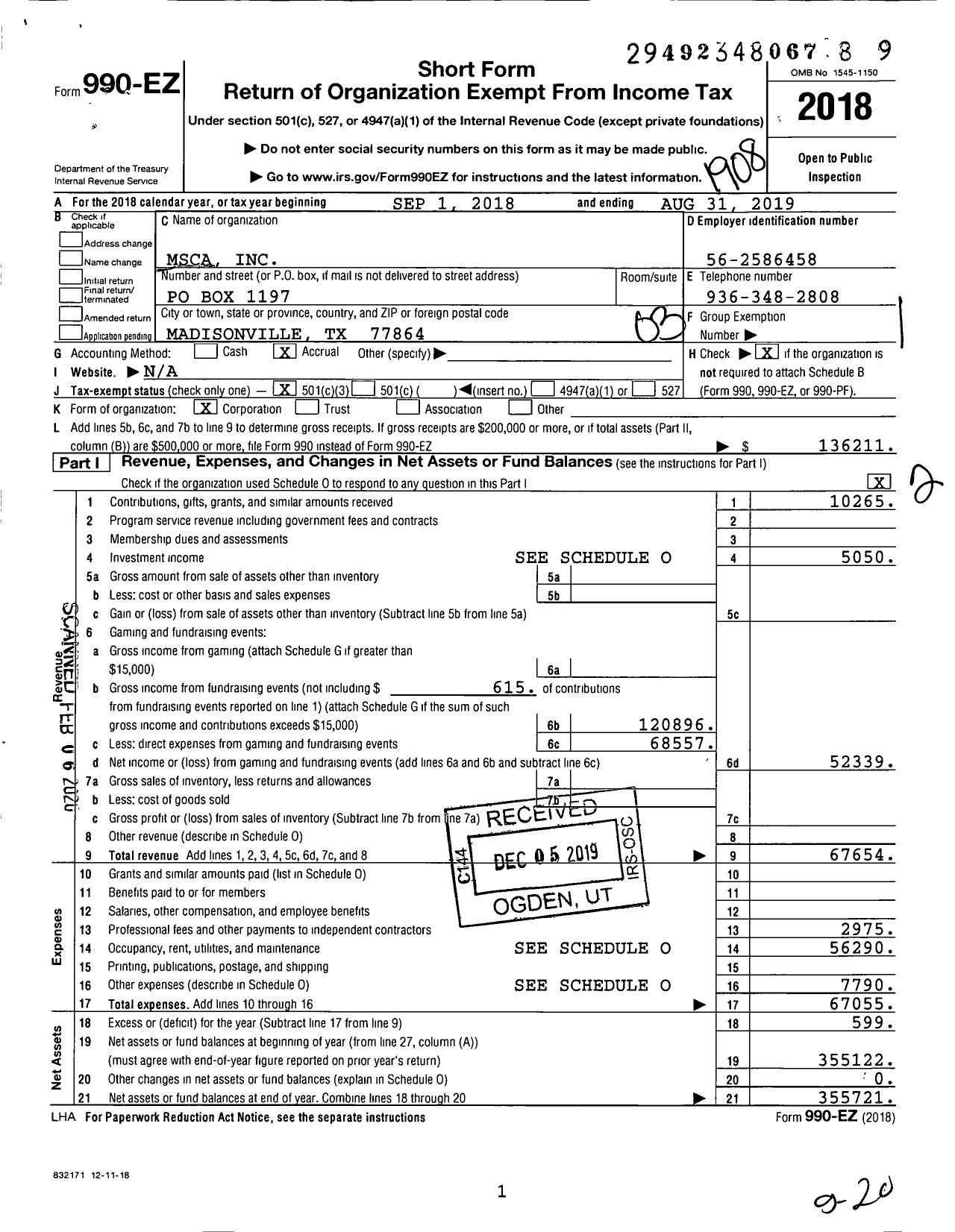 Image of first page of 2018 Form 990EZ for Msca