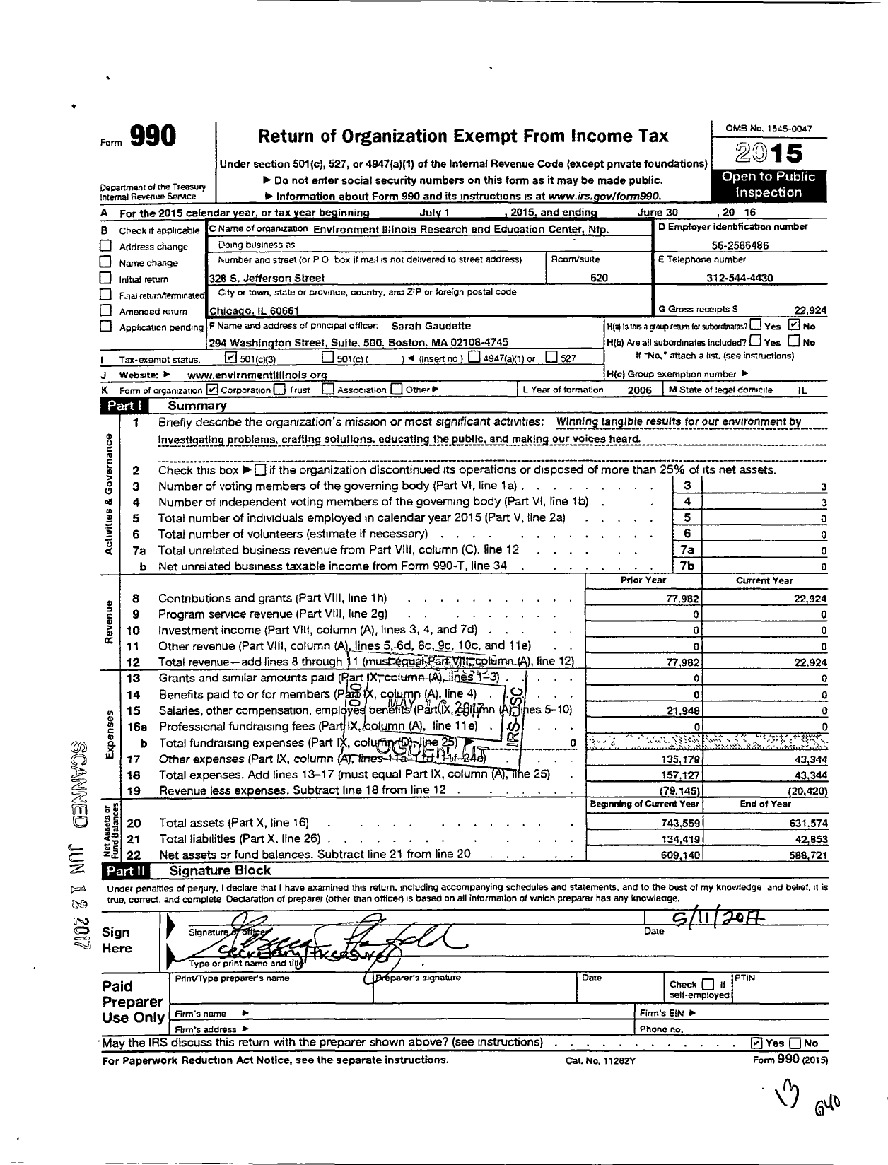 Image of first page of 2015 Form 990 for Environment Illinois Research and Education Center NFP