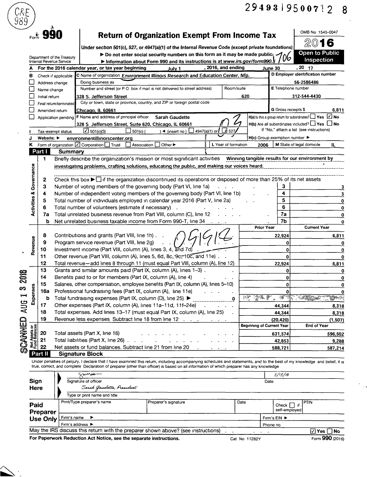 Image of first page of 2016 Form 990 for Environment Illinois Research and Education Center NFP