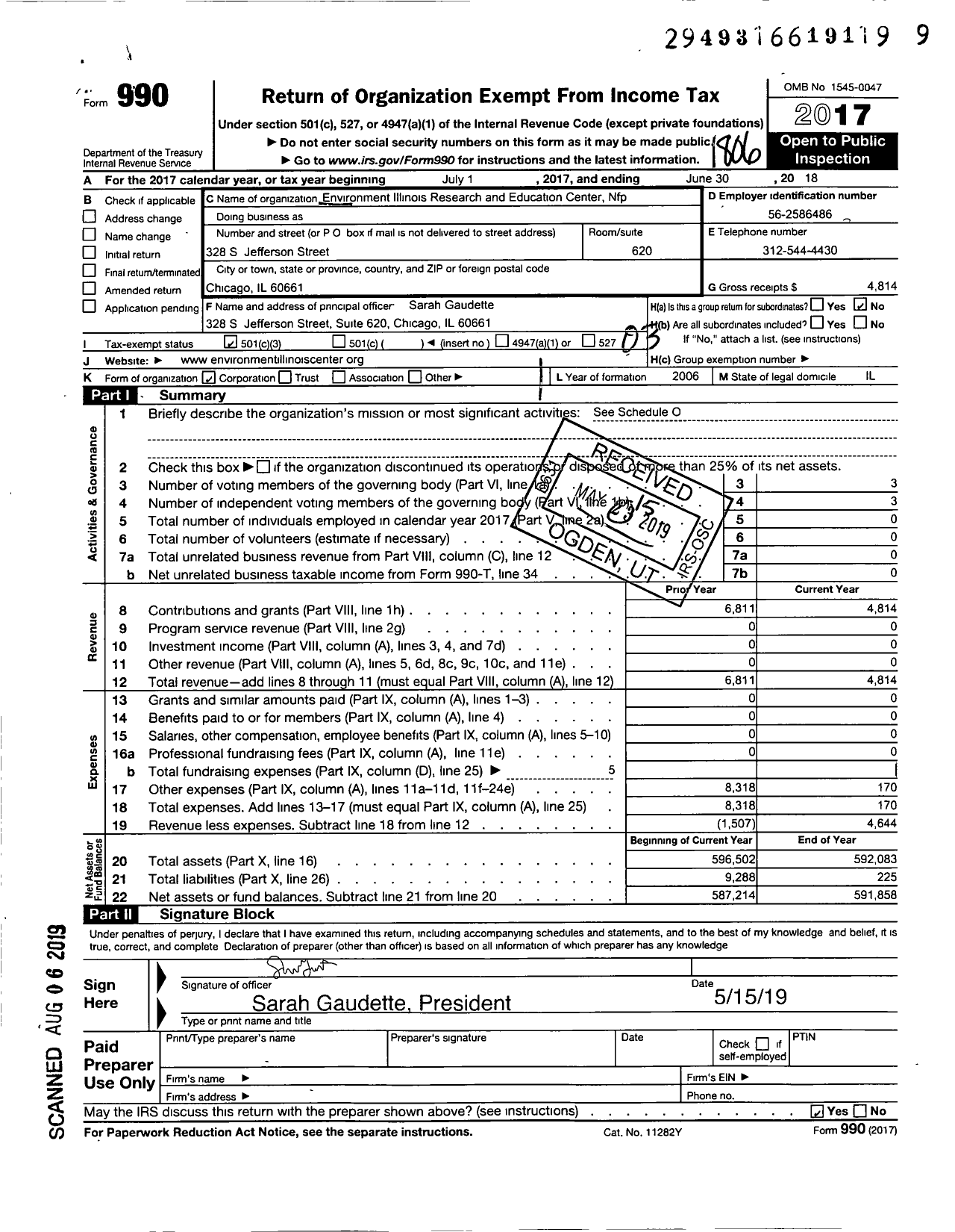 Image of first page of 2017 Form 990 for Environment Illinois Research and Education Center NFP