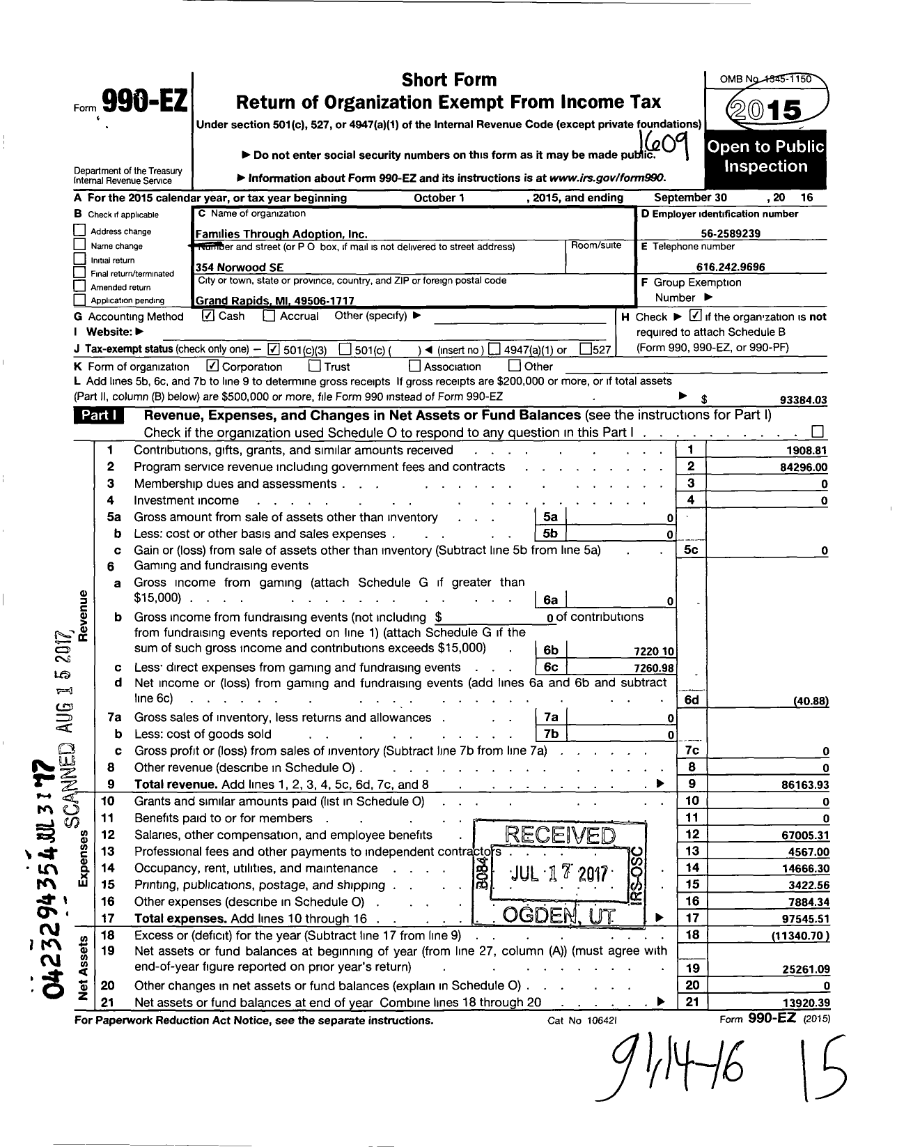 Image of first page of 2015 Form 990EZ for Families Through Adoption