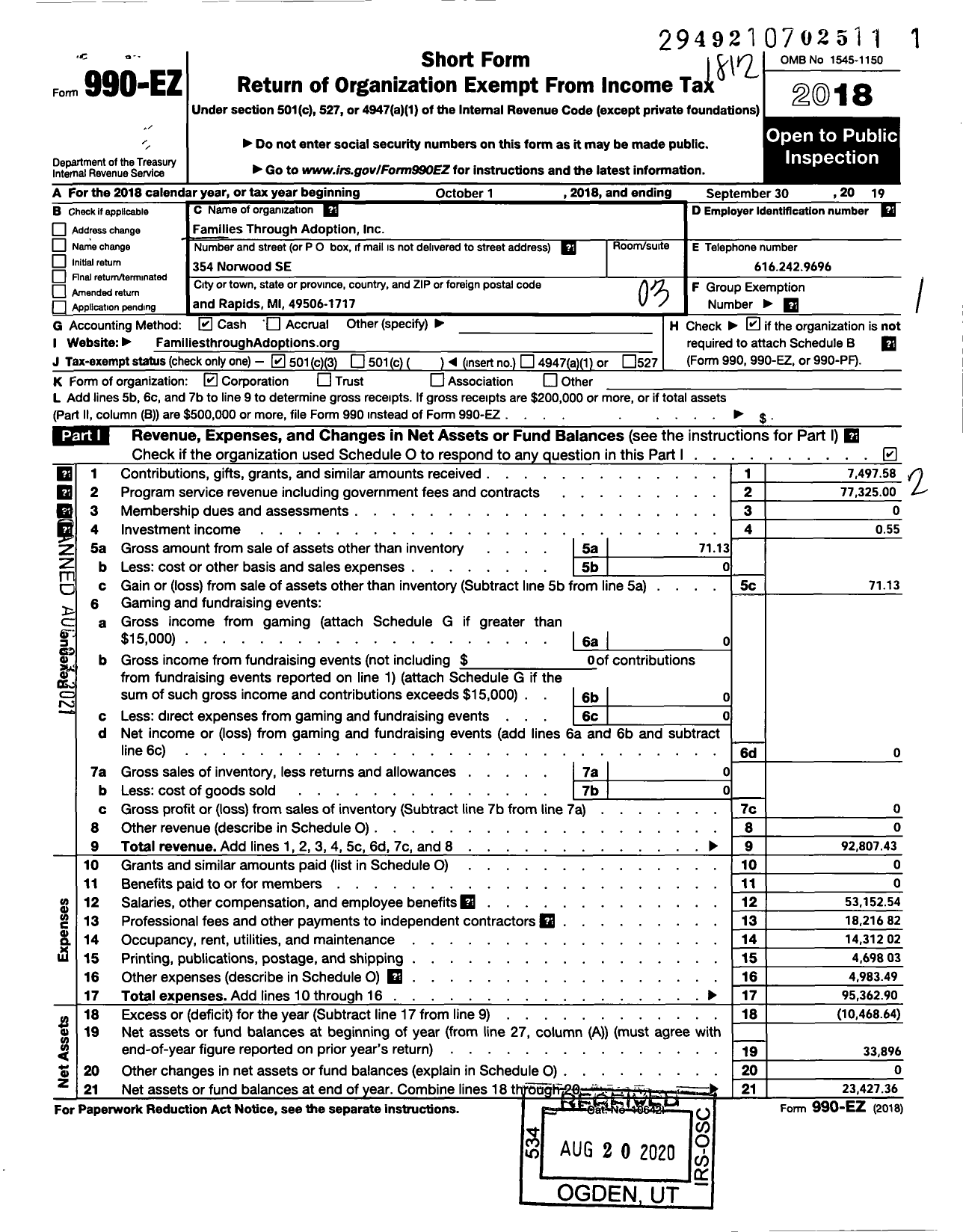 Image of first page of 2018 Form 990EZ for Families Through Adoption
