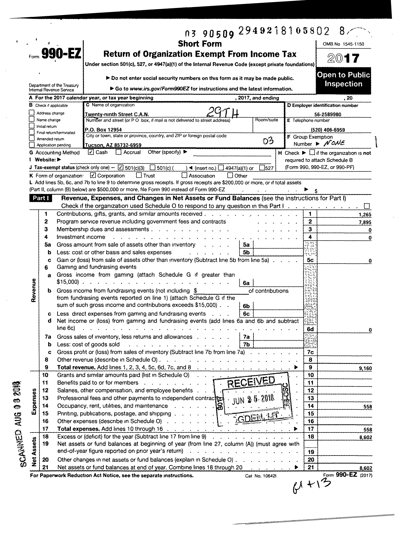 Image of first page of 2017 Form 990EZ for 29th St C A N