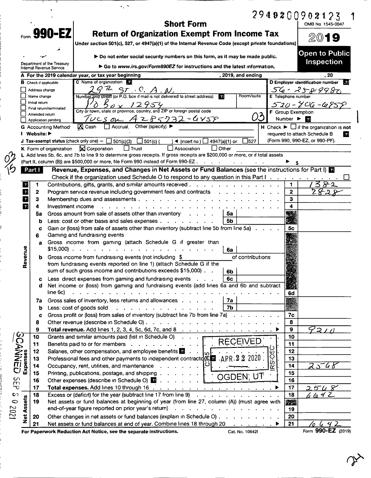 Image of first page of 2019 Form 990EZ for 29th St C A N