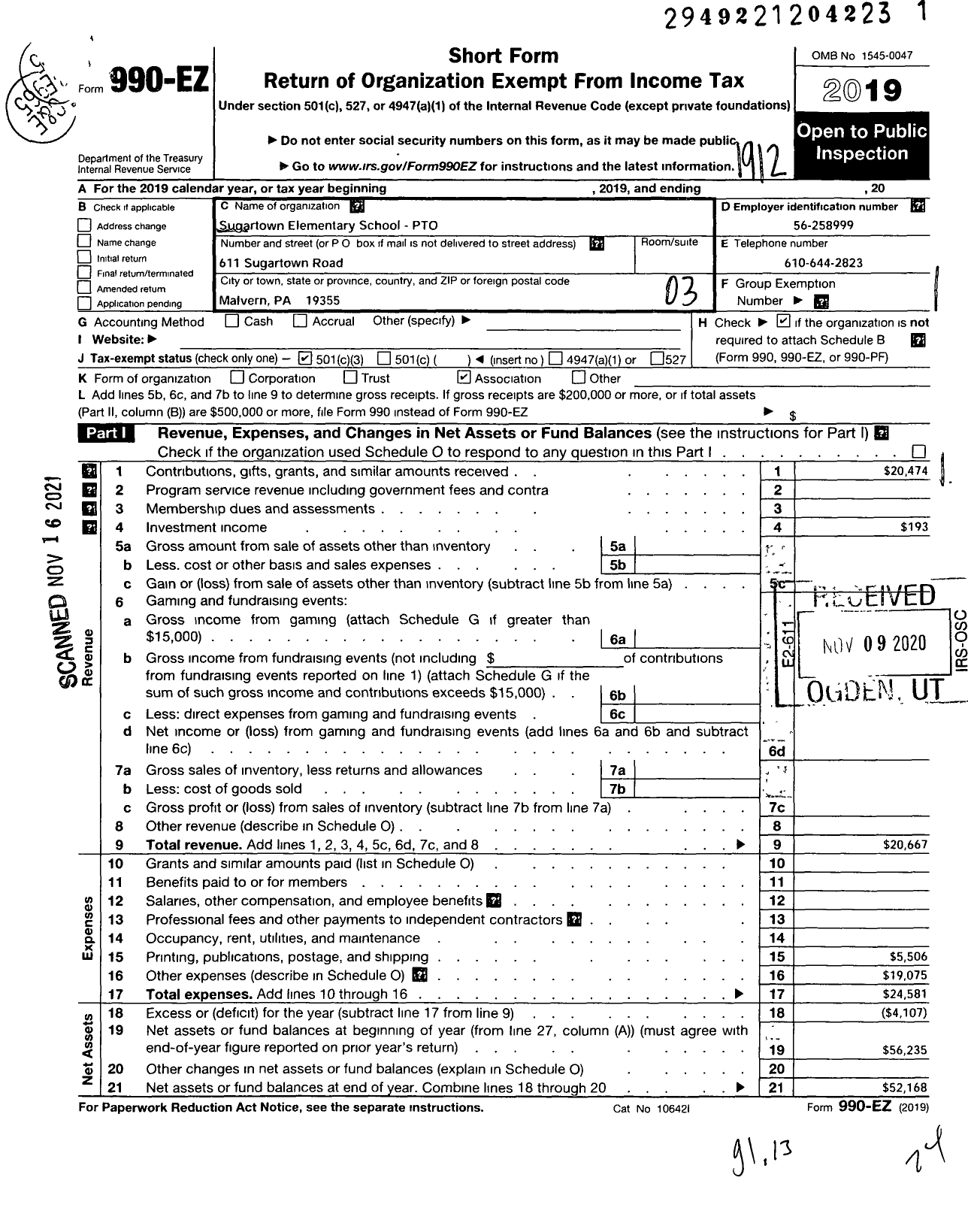 Image of first page of 2019 Form 990EZ for Sugartown Elementary school PTO