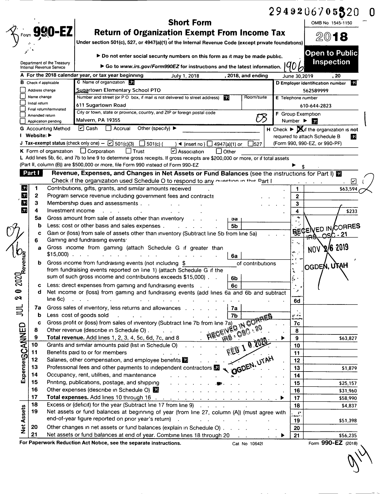 Image of first page of 2018 Form 990EZ for Sugartown Elementary school PTO