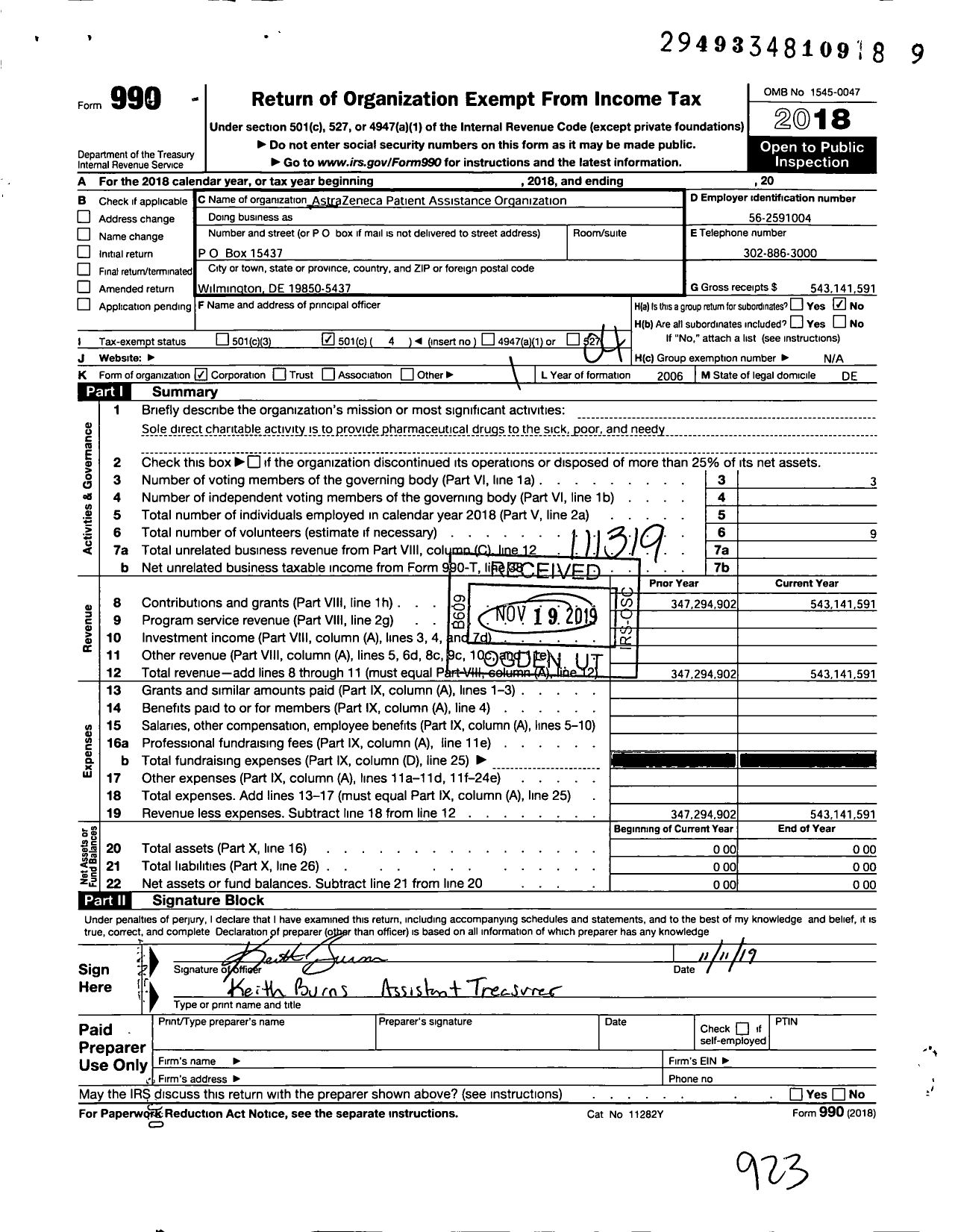 Image of first page of 2018 Form 990O for AstraZeneca Patient Assistance Organization