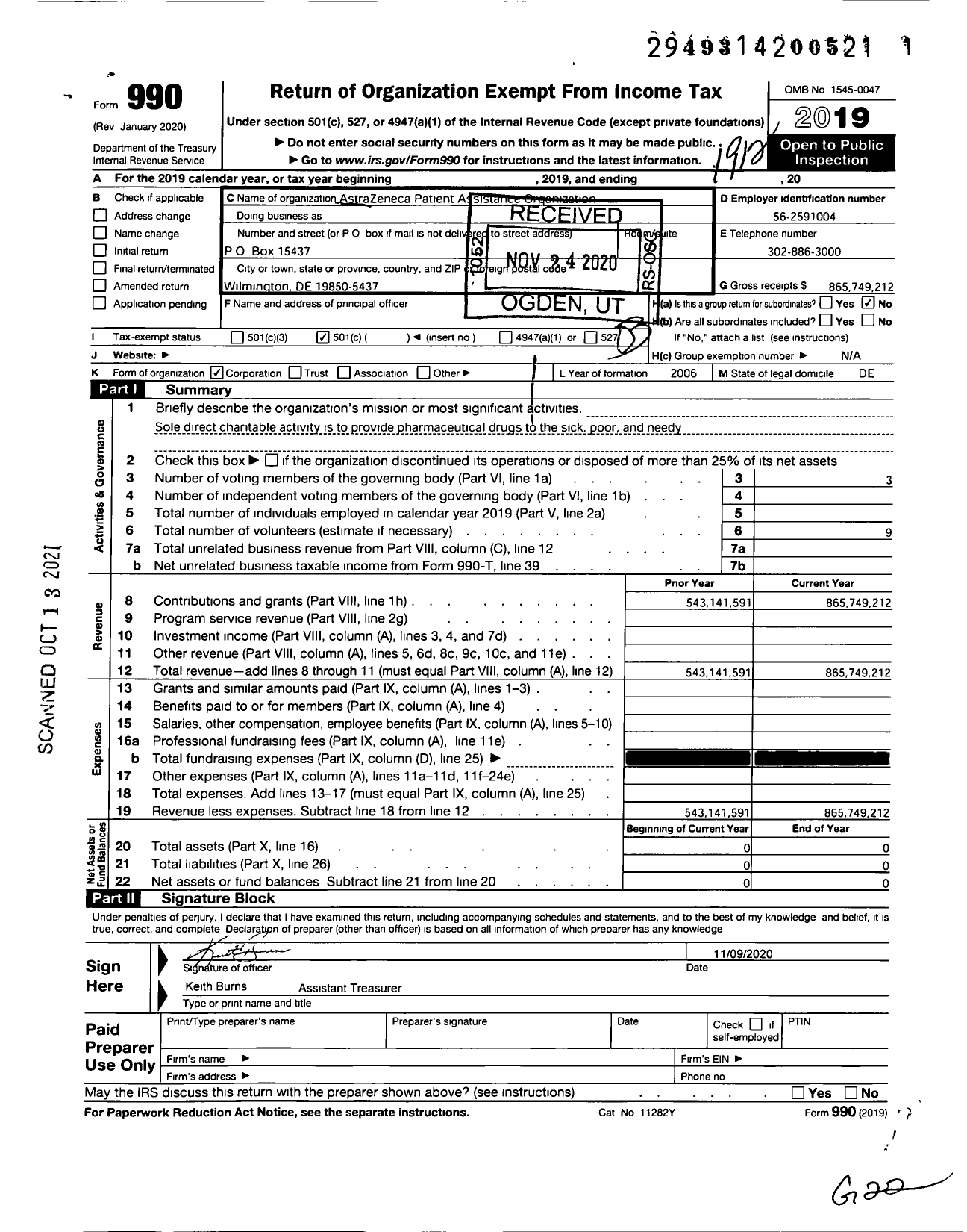 Image of first page of 2019 Form 990 for AstraZeneca Patient Assistance Organization