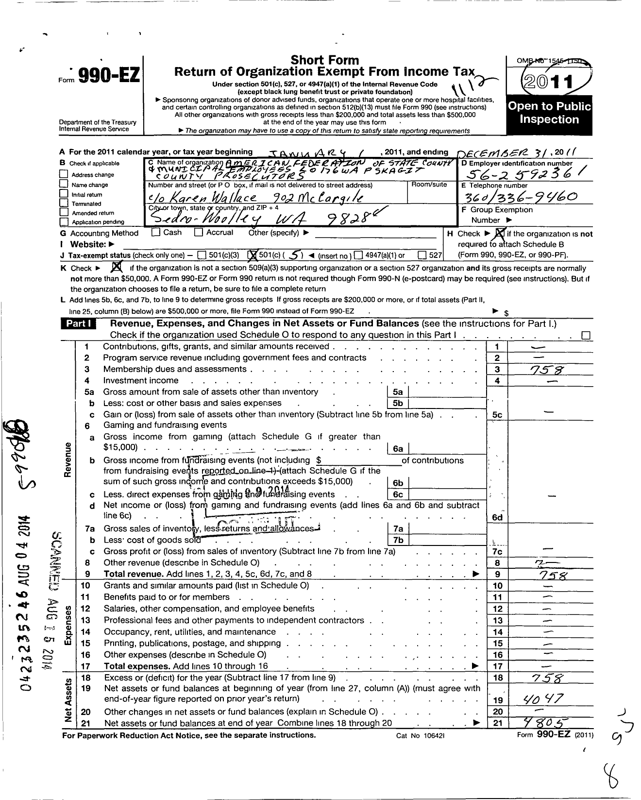 Image of first page of 2011 Form 990EO for American Federation of State County & Municipal Employees - L0176wa PS Skagit Co Prosecutor Off