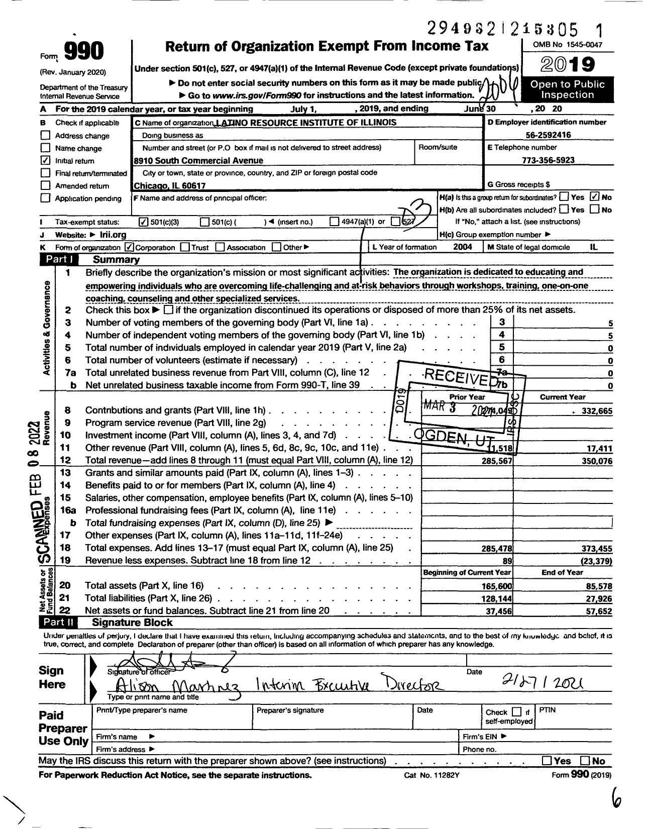 Image of first page of 2019 Form 990 for Latino Resources Institute of