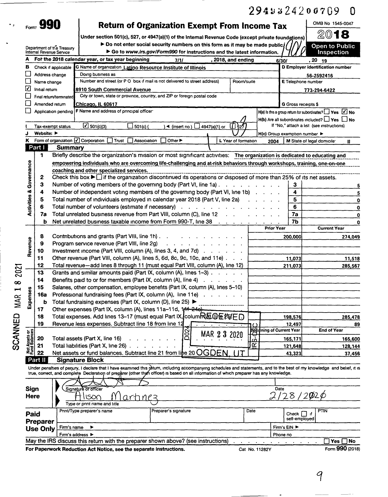 Image of first page of 2018 Form 990 for Latino Resources Institute of