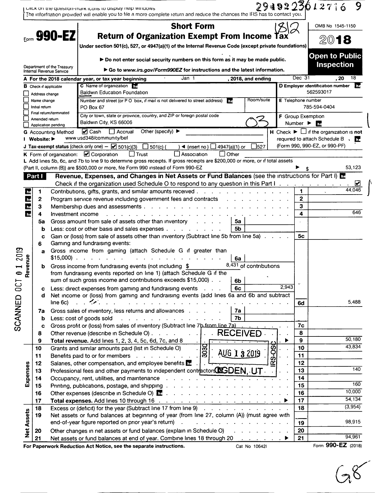 Image of first page of 2018 Form 990EZ for Baldwin Education Foundation