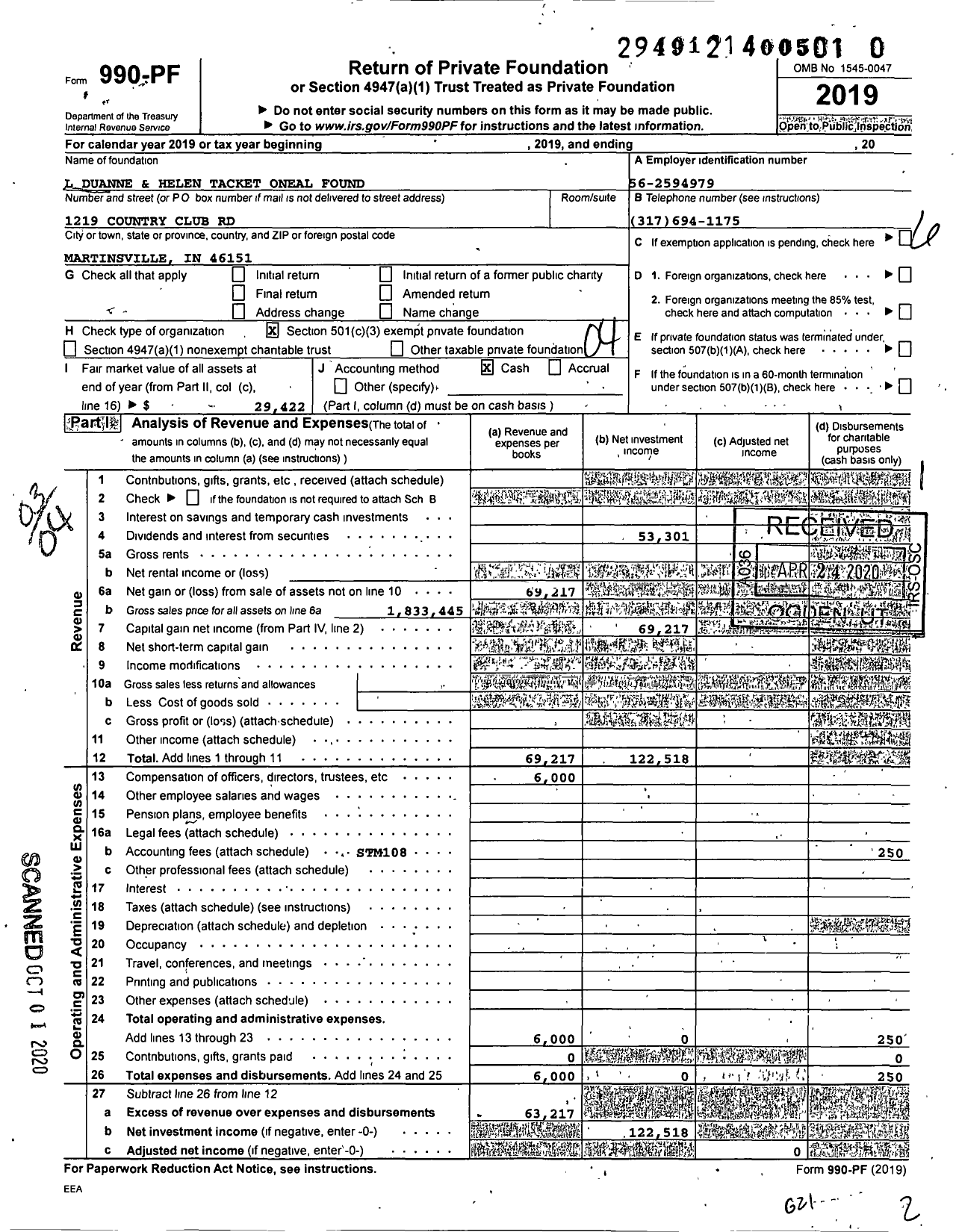 Image of first page of 2019 Form 990PR for L Duanne and Helen Tackett Oneal Foundation