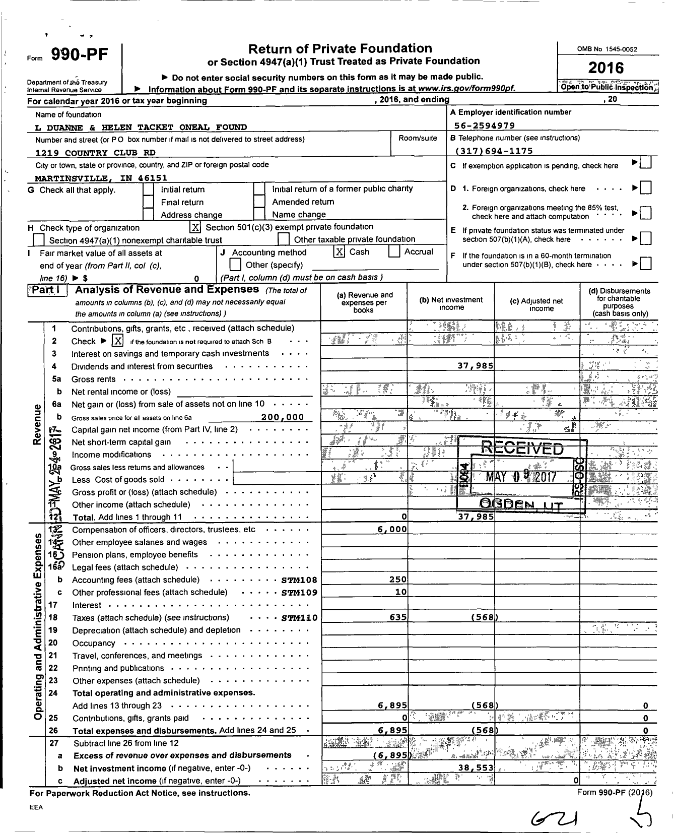 Image of first page of 2016 Form 990PF for L Duanne and Helen Tackett Oneal Foundation