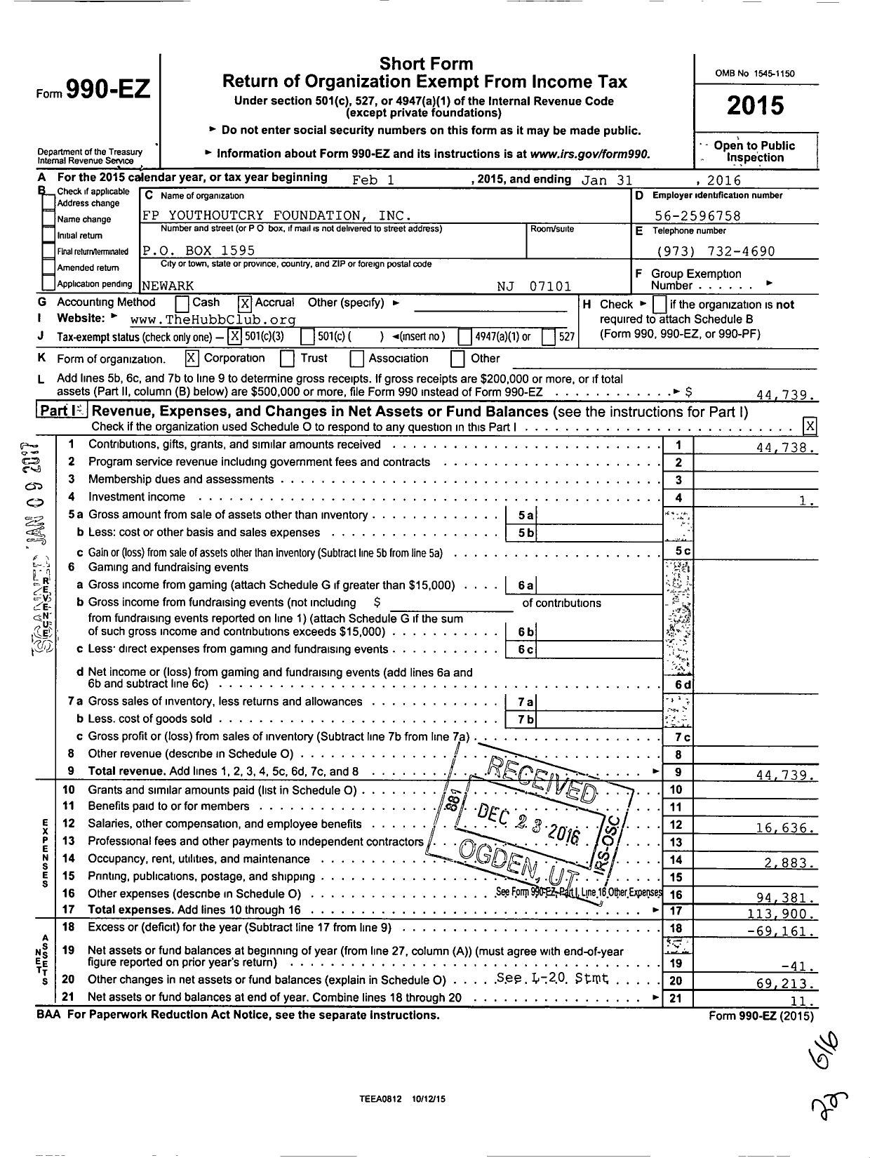 Image of first page of 2015 Form 990EZ for FP Youthoutcry Foundation