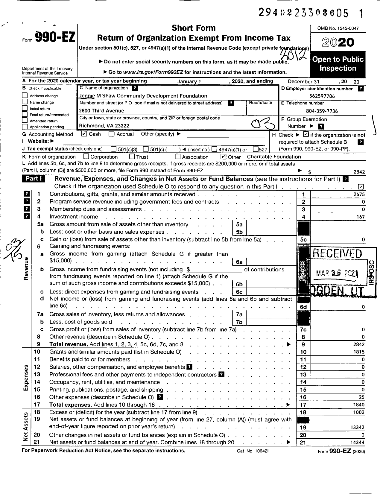 Image of first page of 2020 Form 990EZ for Jennie M Shaw Community Development Foundation