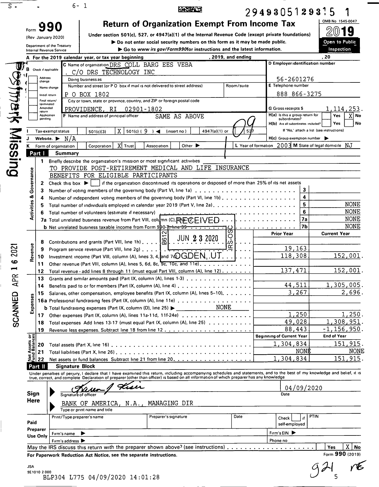 Image of first page of 2019 Form 990O for DRS Power and Control Technologies