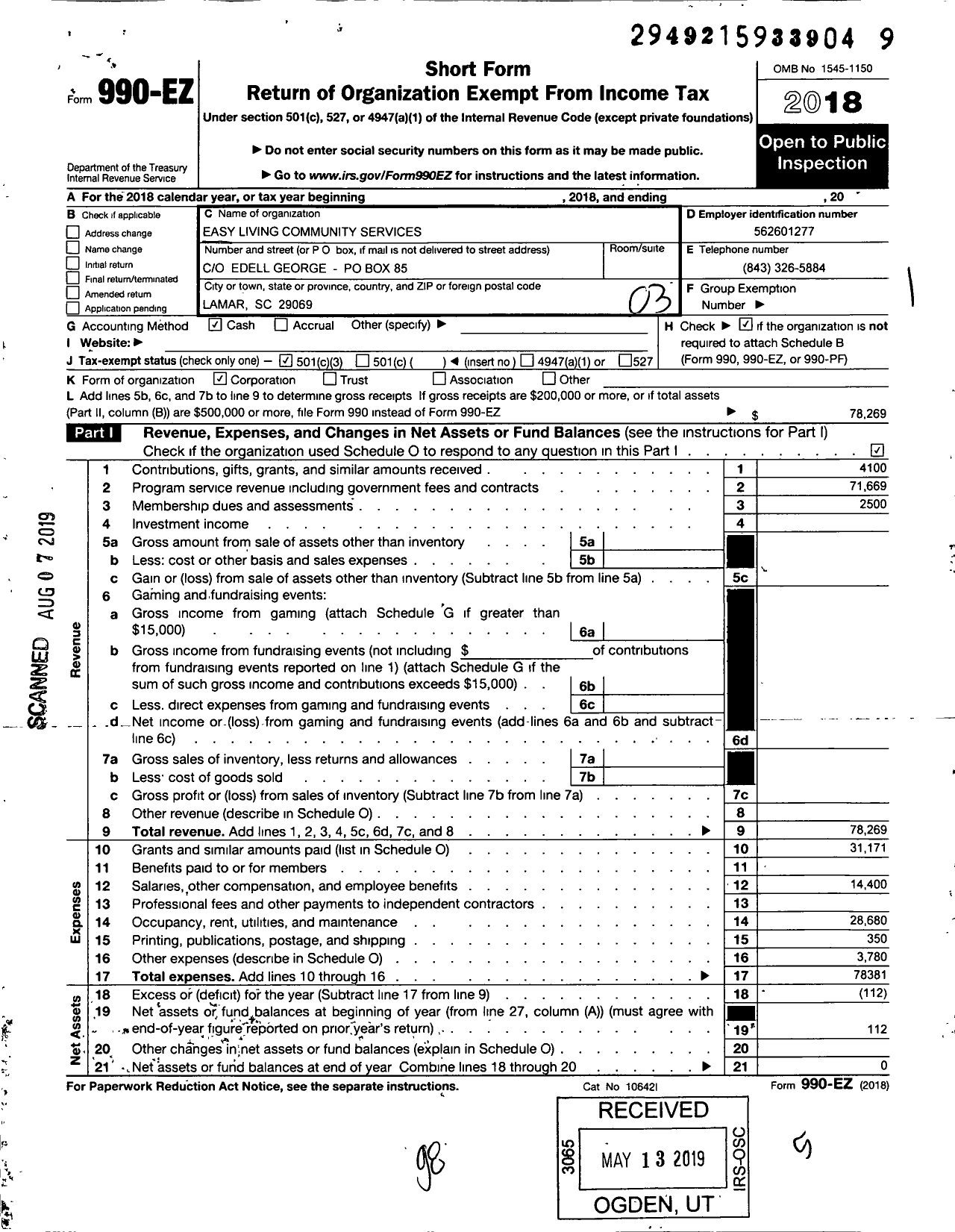 Image of first page of 2018 Form 990EZ for Easy Living Community Services Home