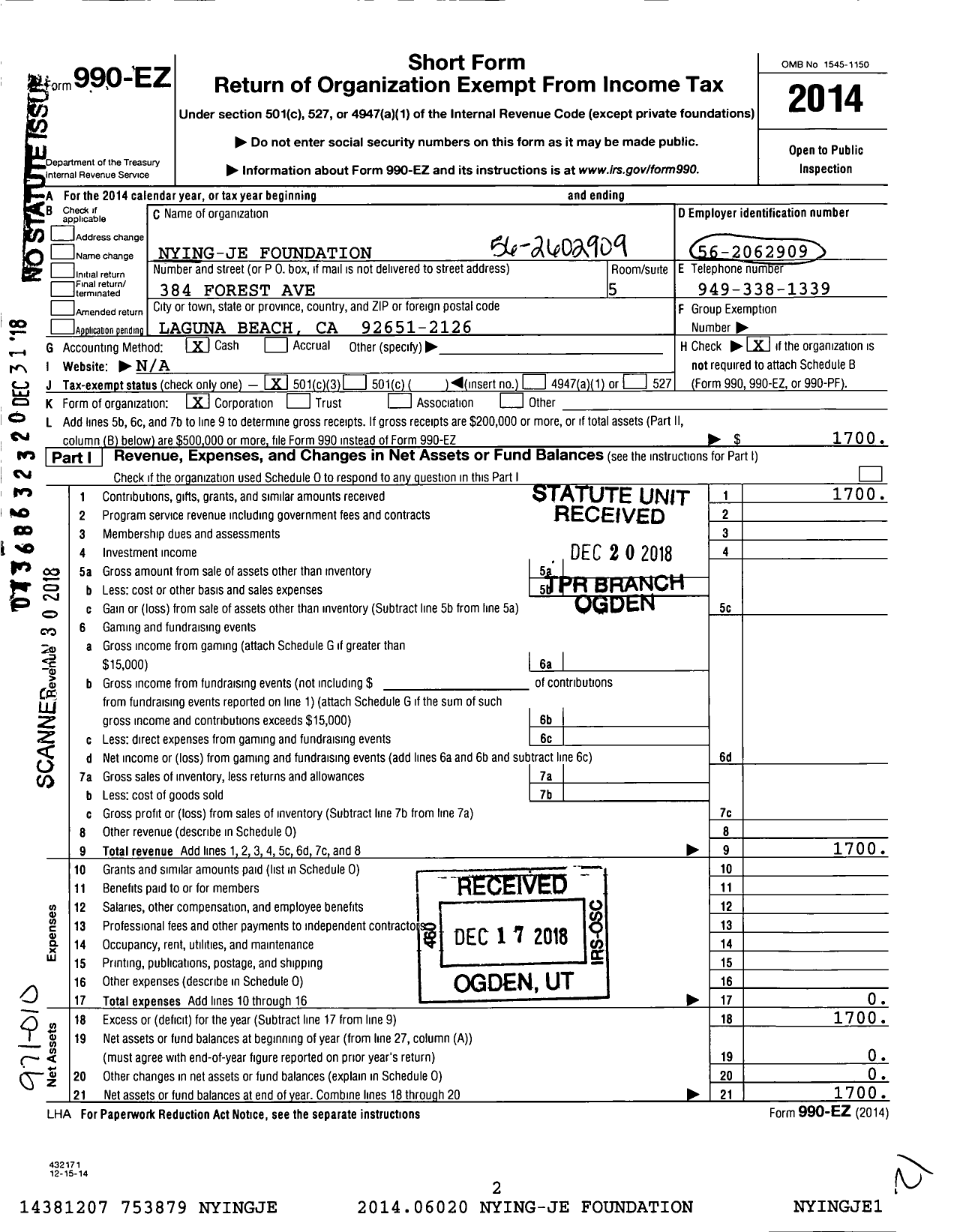 Image of first page of 2014 Form 990EA for Nying-Je Foundation