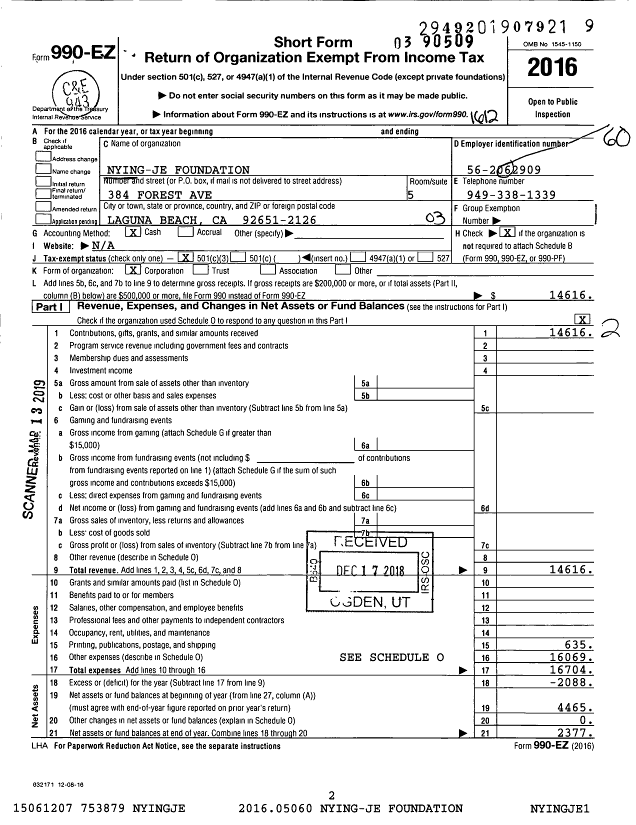 Image of first page of 2016 Form 990EZ for Nying-Je Foundation