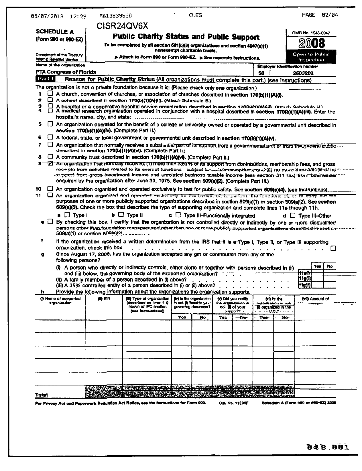 Image of first page of 2008 Form 990ER for PTA Florida Congress - Cholee Lake Elementary School