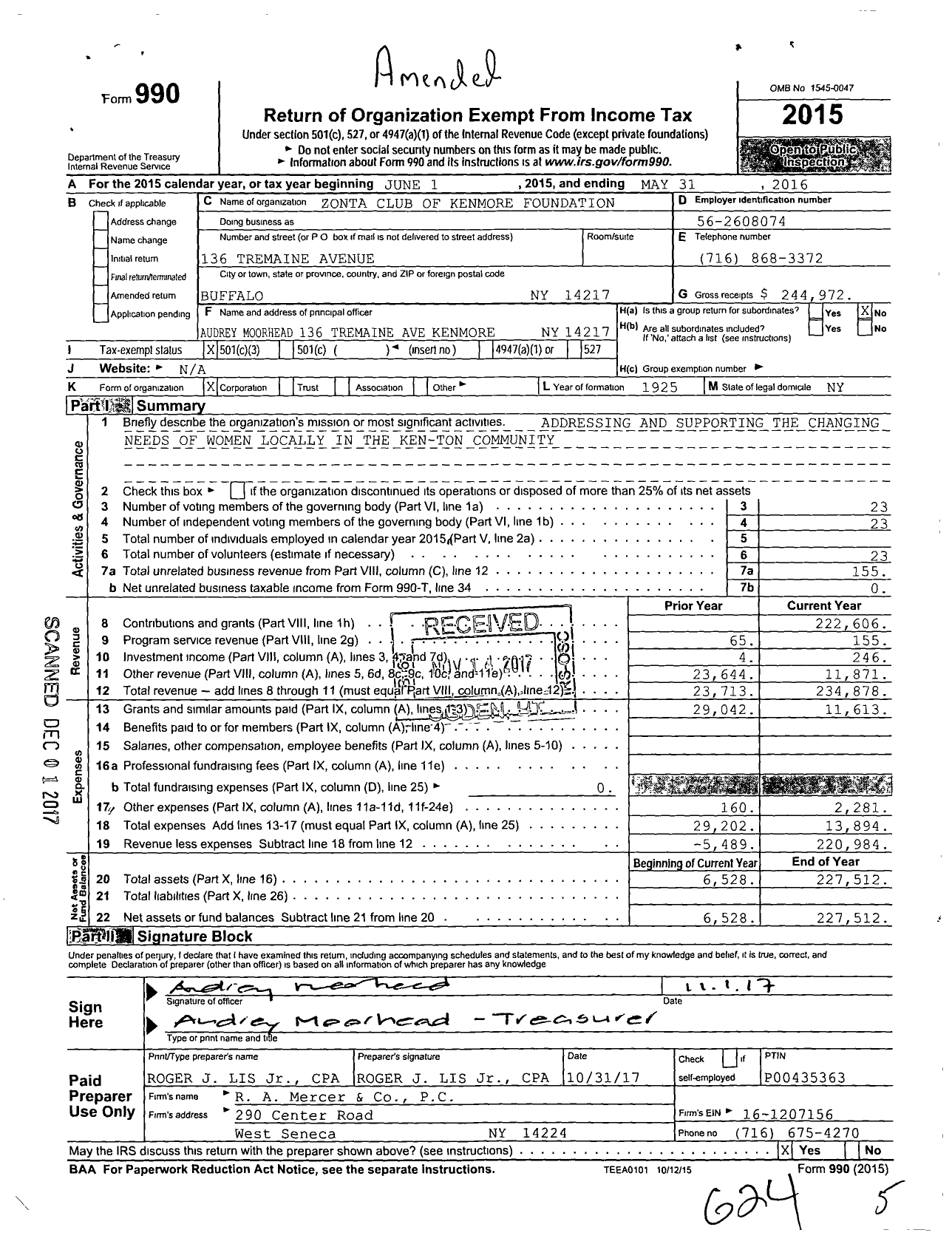 Image of first page of 2015 Form 990 for Zonta Club of Kenmore Foundation