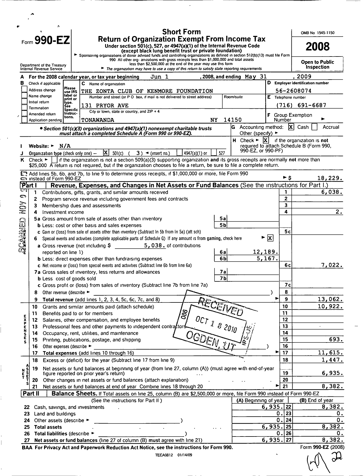 Image of first page of 2008 Form 990EZ for Zonta Club of Kenmore Foundation