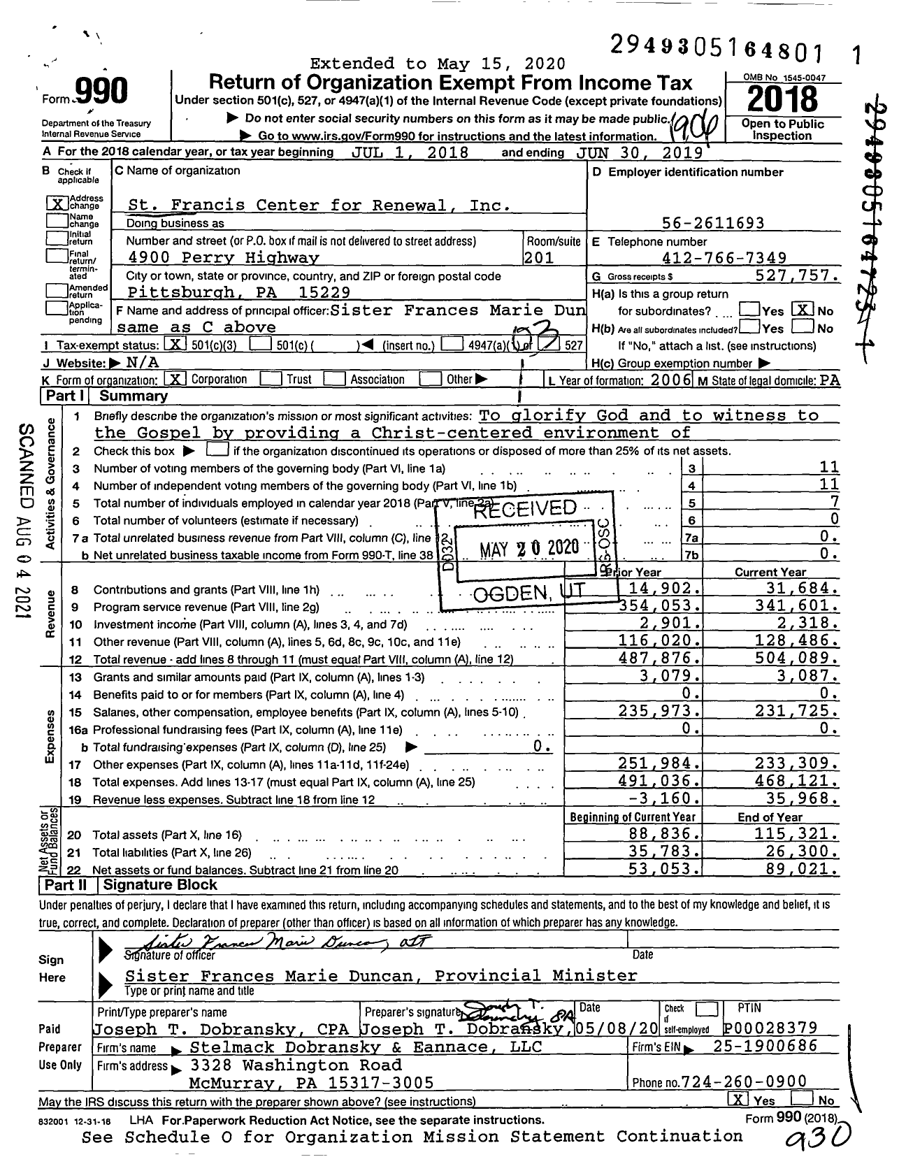 Image of first page of 2018 Form 990 for St Francis Center for Renewal