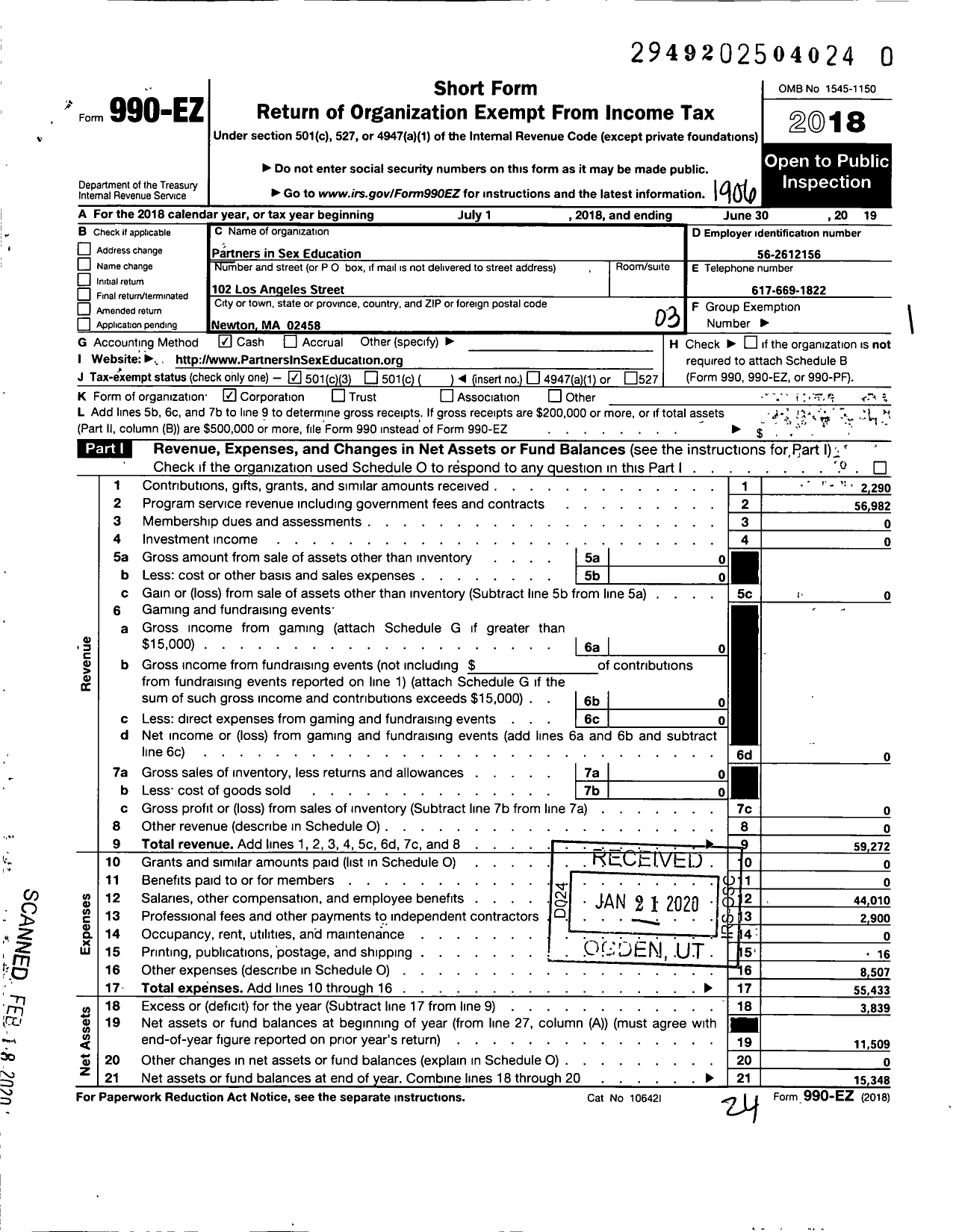 Image of first page of 2018 Form 990EZ for Partners in Sex Education