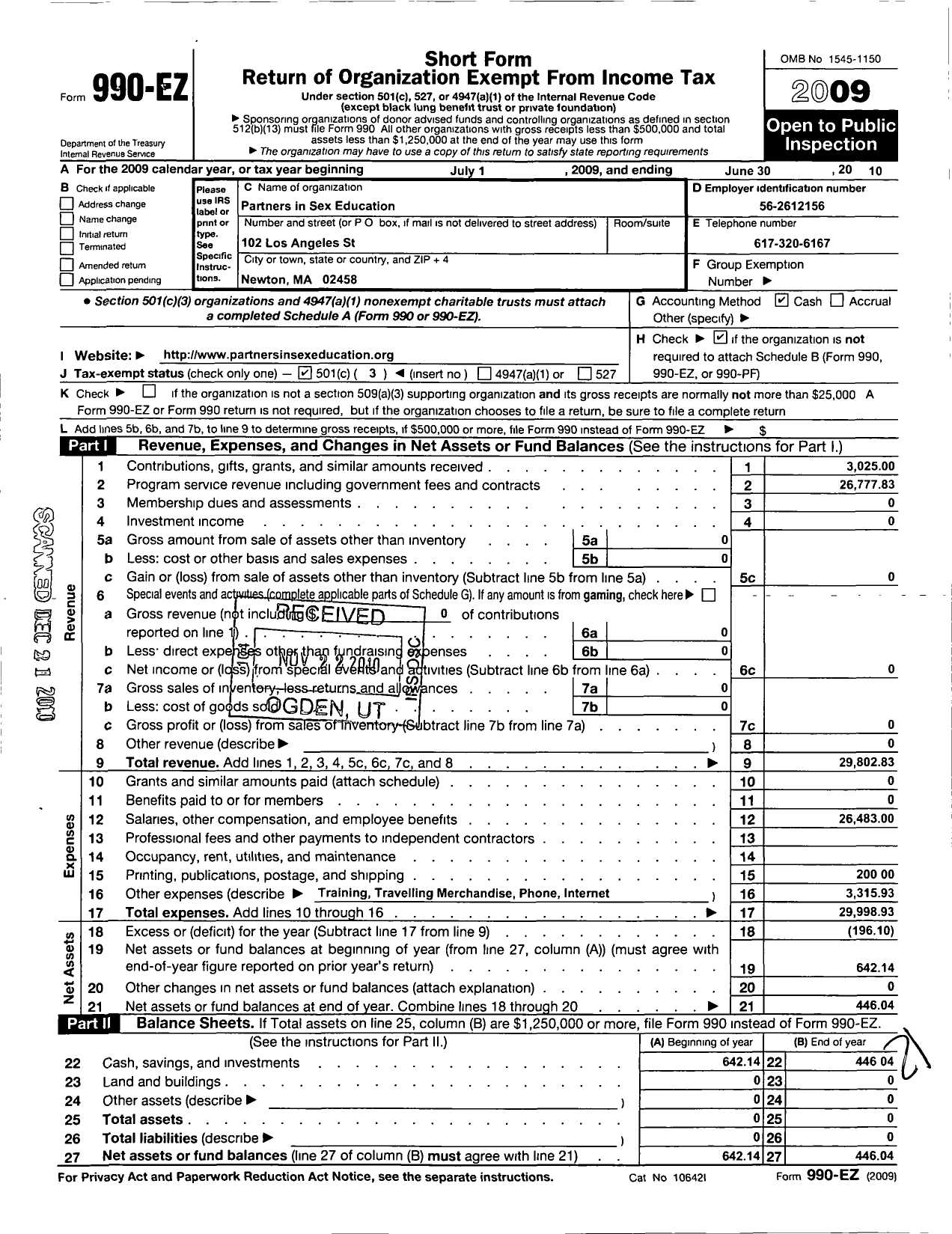 Image of first page of 2009 Form 990EZ for Partners in Sex Education