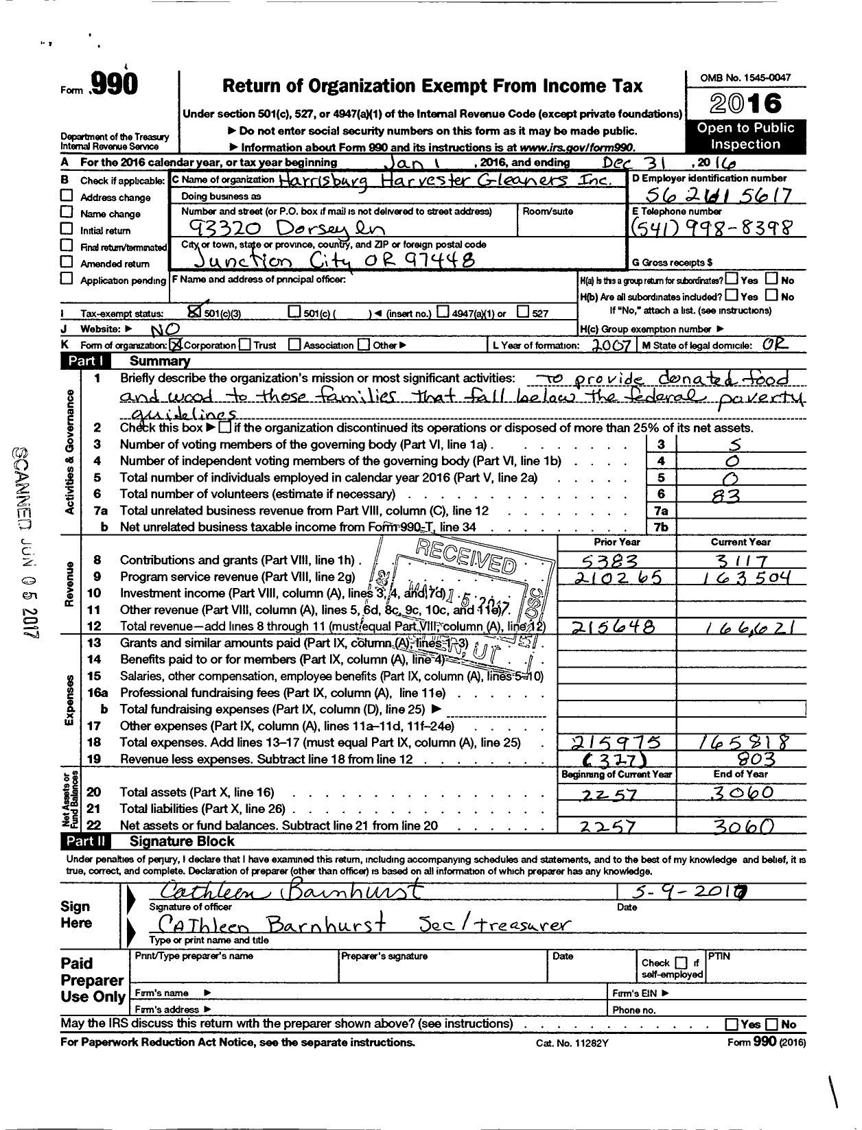 Image of first page of 2016 Form 990 for Harrisburg Harvester Gleaners