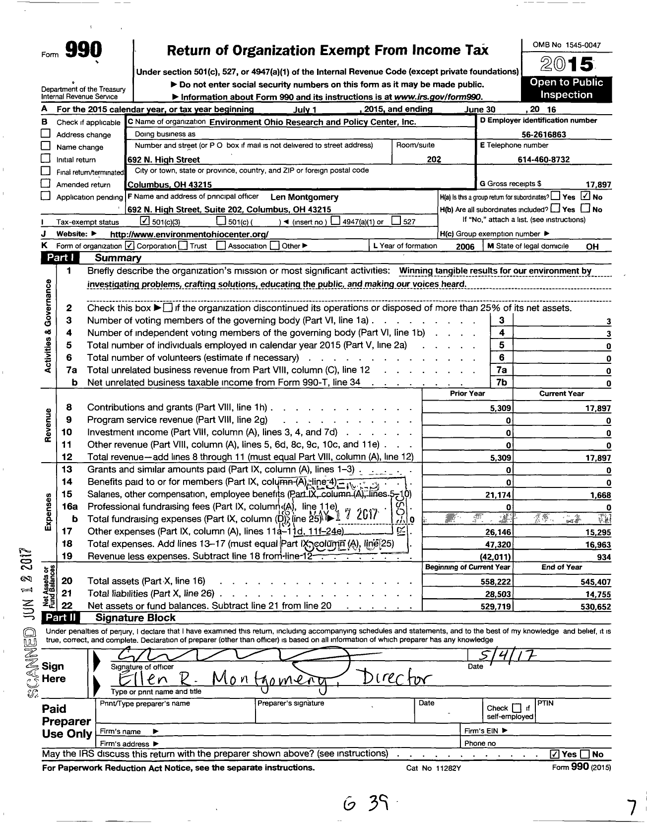 Image of first page of 2015 Form 990 for Environment Ohio Research and Policy Center