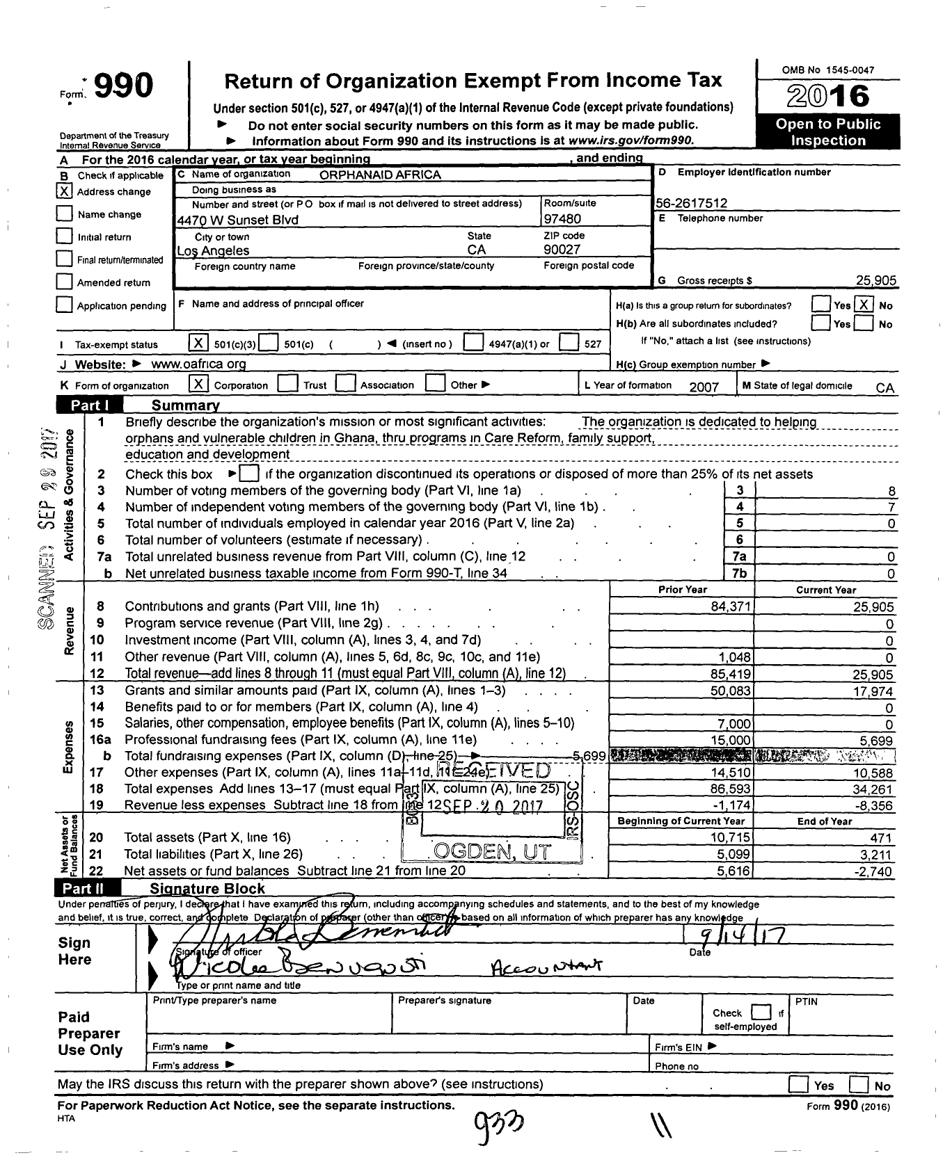 Image of first page of 2016 Form 990 for Orphanaid Africa