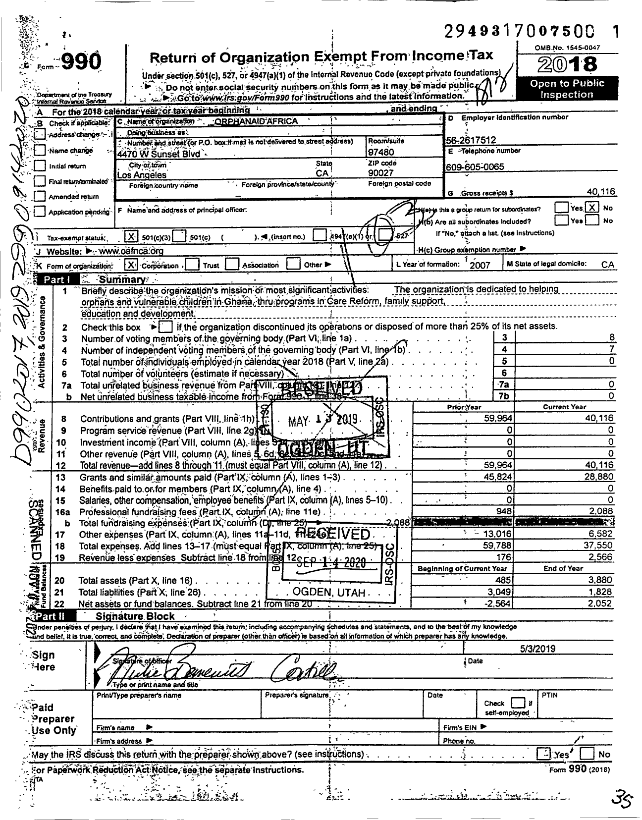 Image of first page of 2018 Form 990 for Orphanaid Africa