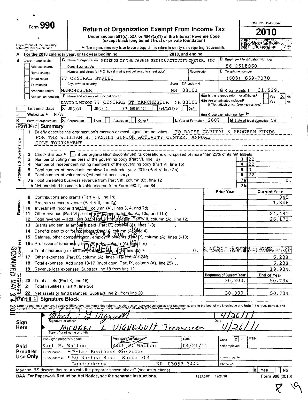 Image of first page of 2010 Form 990 for Friends of the Cashin Senior Activity Center