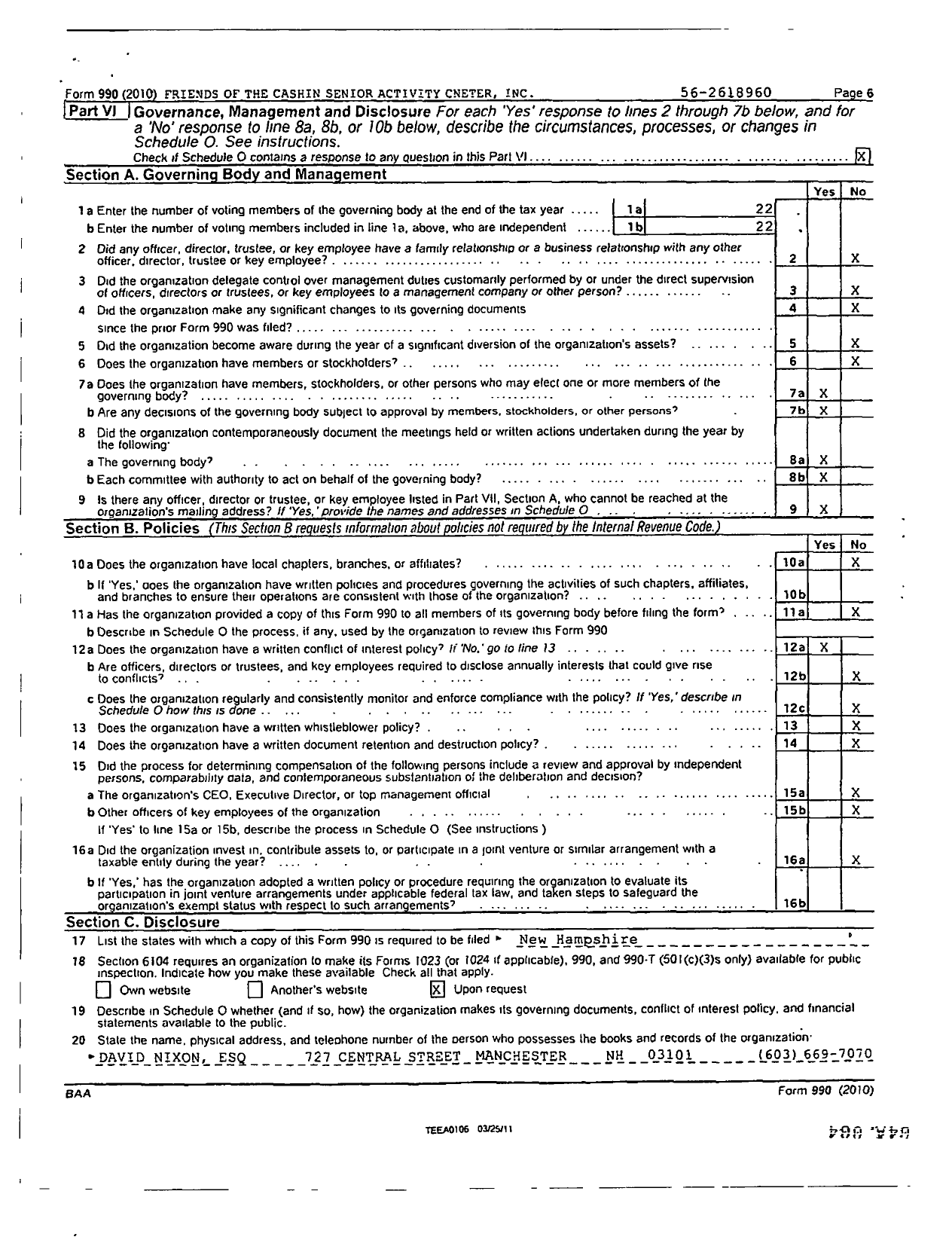 Image of first page of 2010 Form 990R for Friends of the Cashin Senior Activity Center