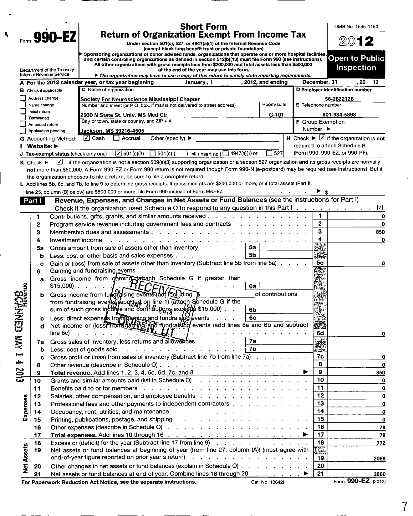 Image of first page of 2012 Form 990EZ for Society for Neuroscience / Mississippi Chapter