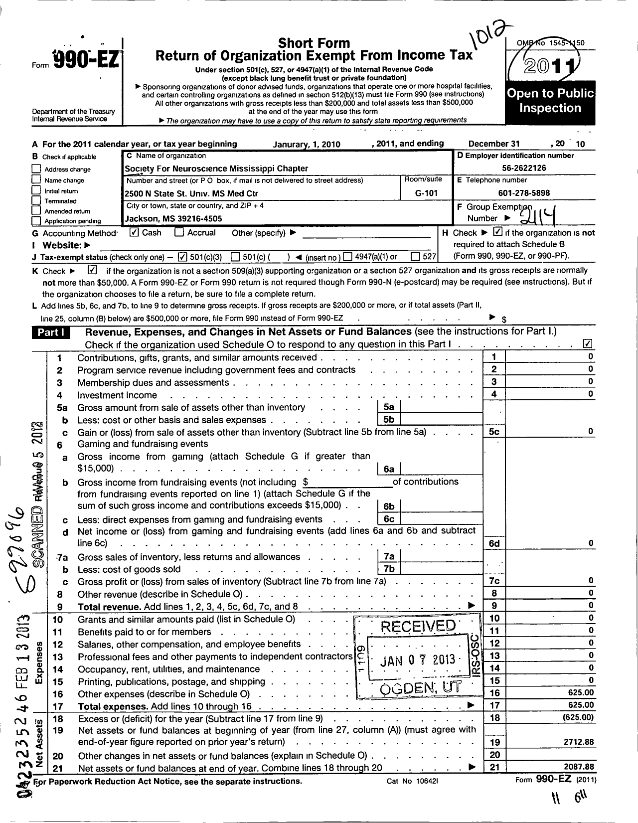 Image of first page of 2010 Form 990EZ for Society for Neuroscience / Mississippi Chapter