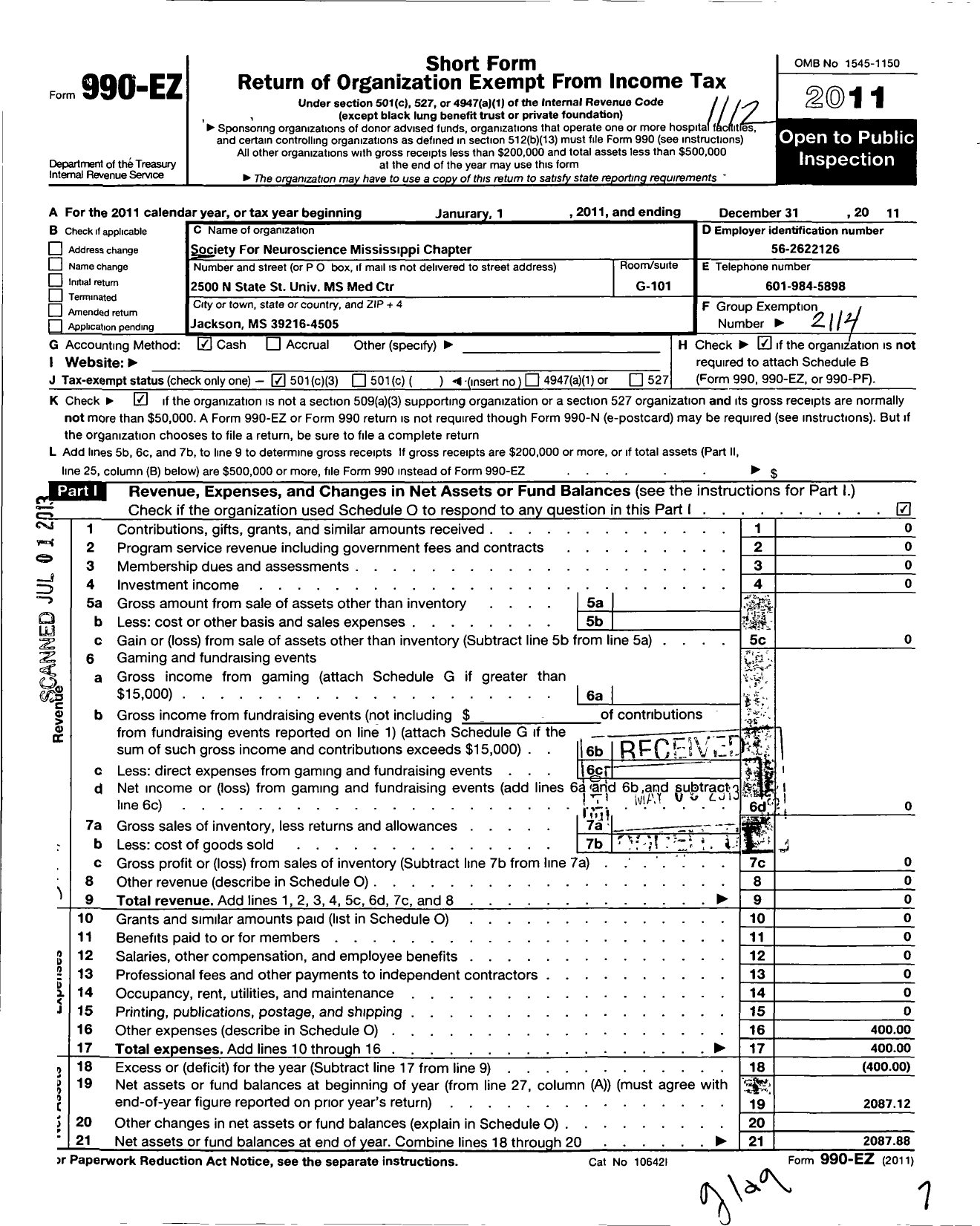 Image of first page of 2011 Form 990EZ for Society for Neuroscience / Mississippi Chapter