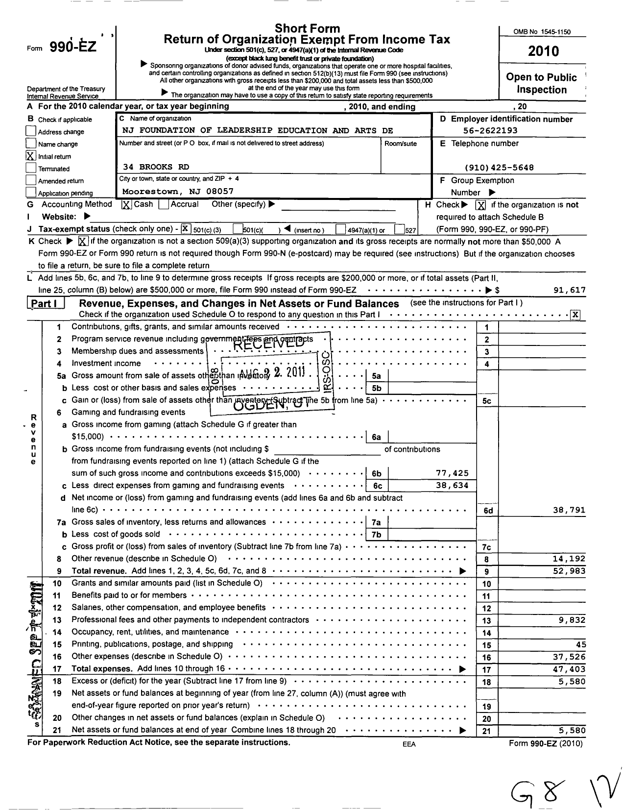 Image of first page of 2010 Form 990EZ for NJ Foundation of Leadership Education and Arts Development