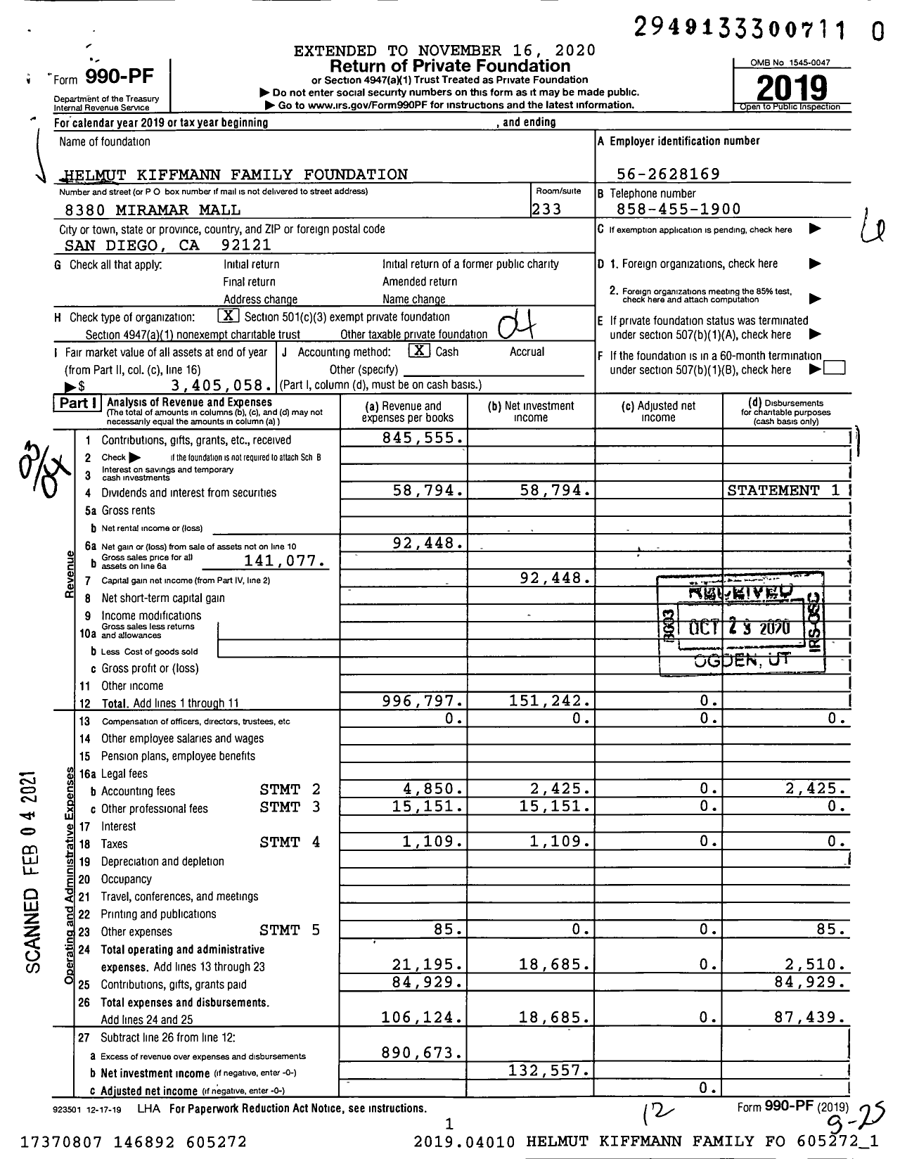 Image of first page of 2019 Form 990PF for Helmut Kiffmann Family Foundation
