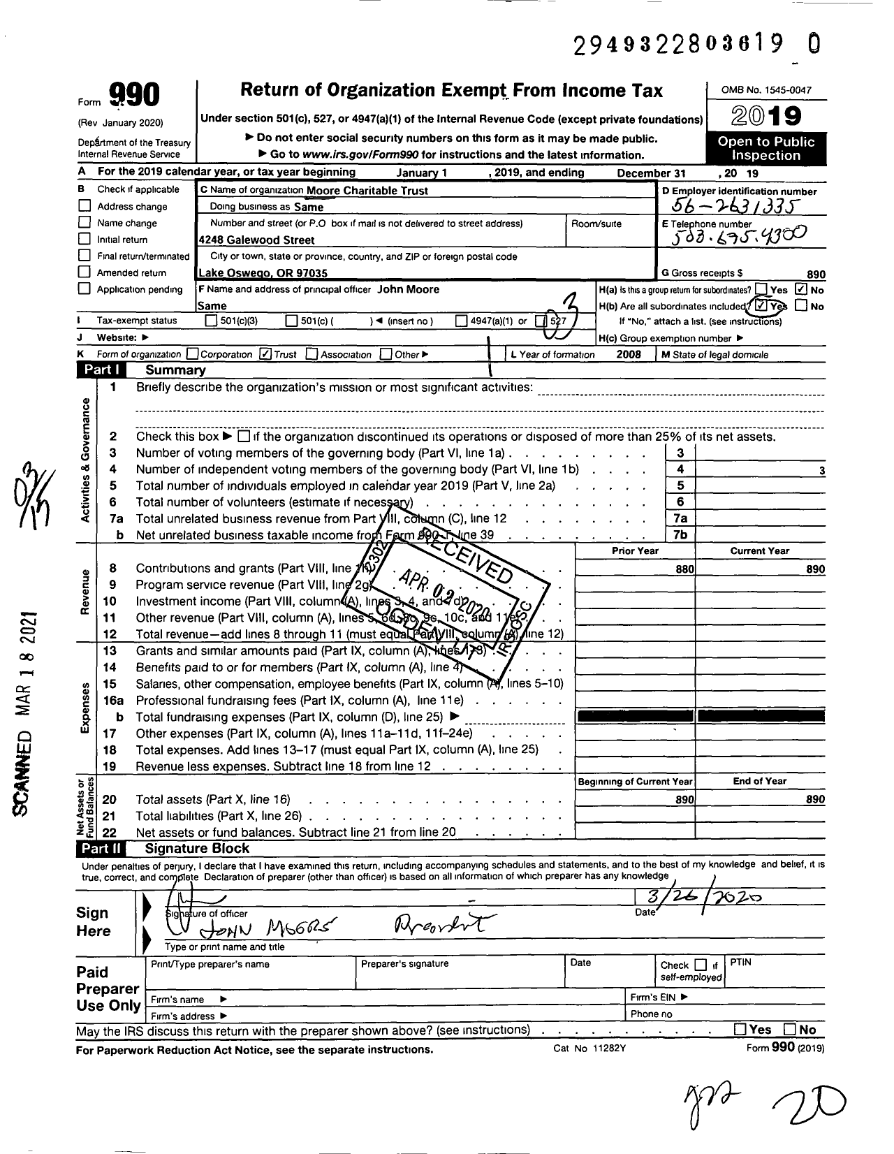 Image of first page of 2019 Form 990 for Moore Charitable Trust